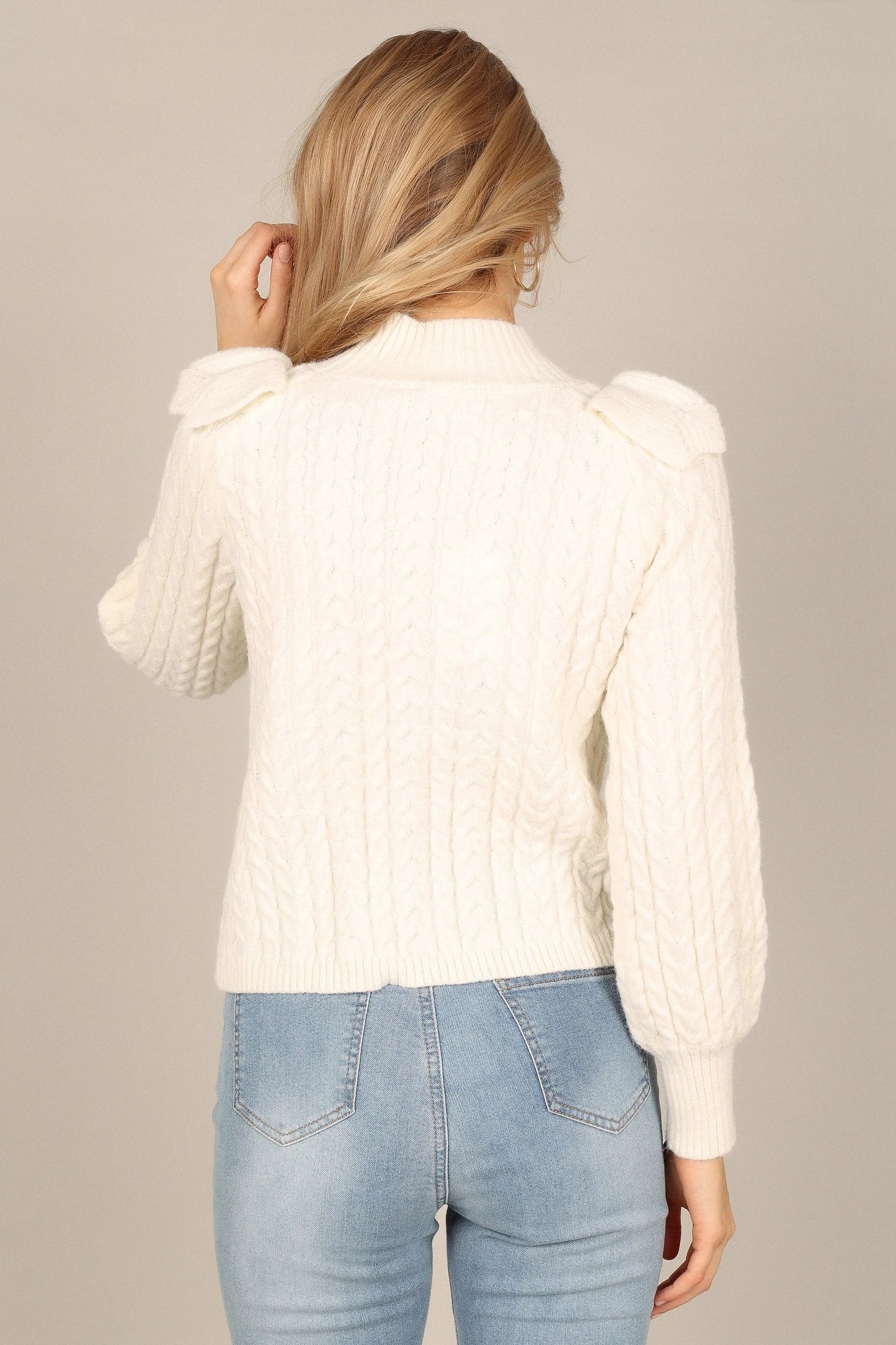 Annette Cable-Knit Frill-Front Mock-Neck Sweater