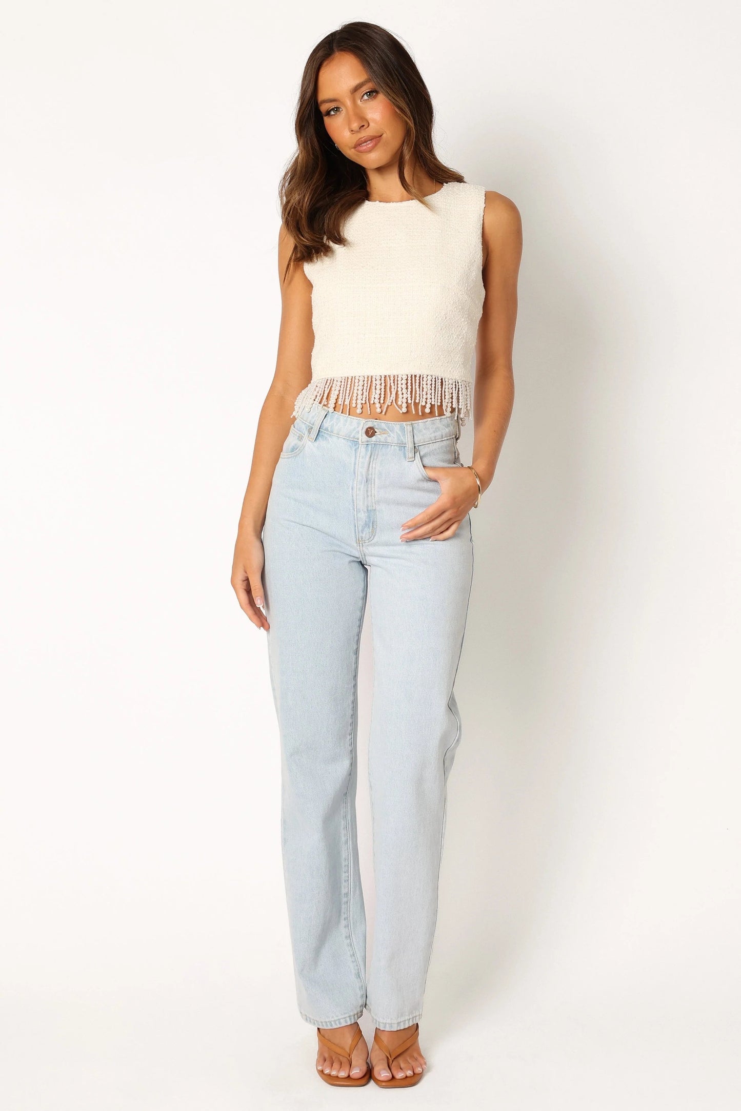 Bead-Fringe Tweed Crop Top