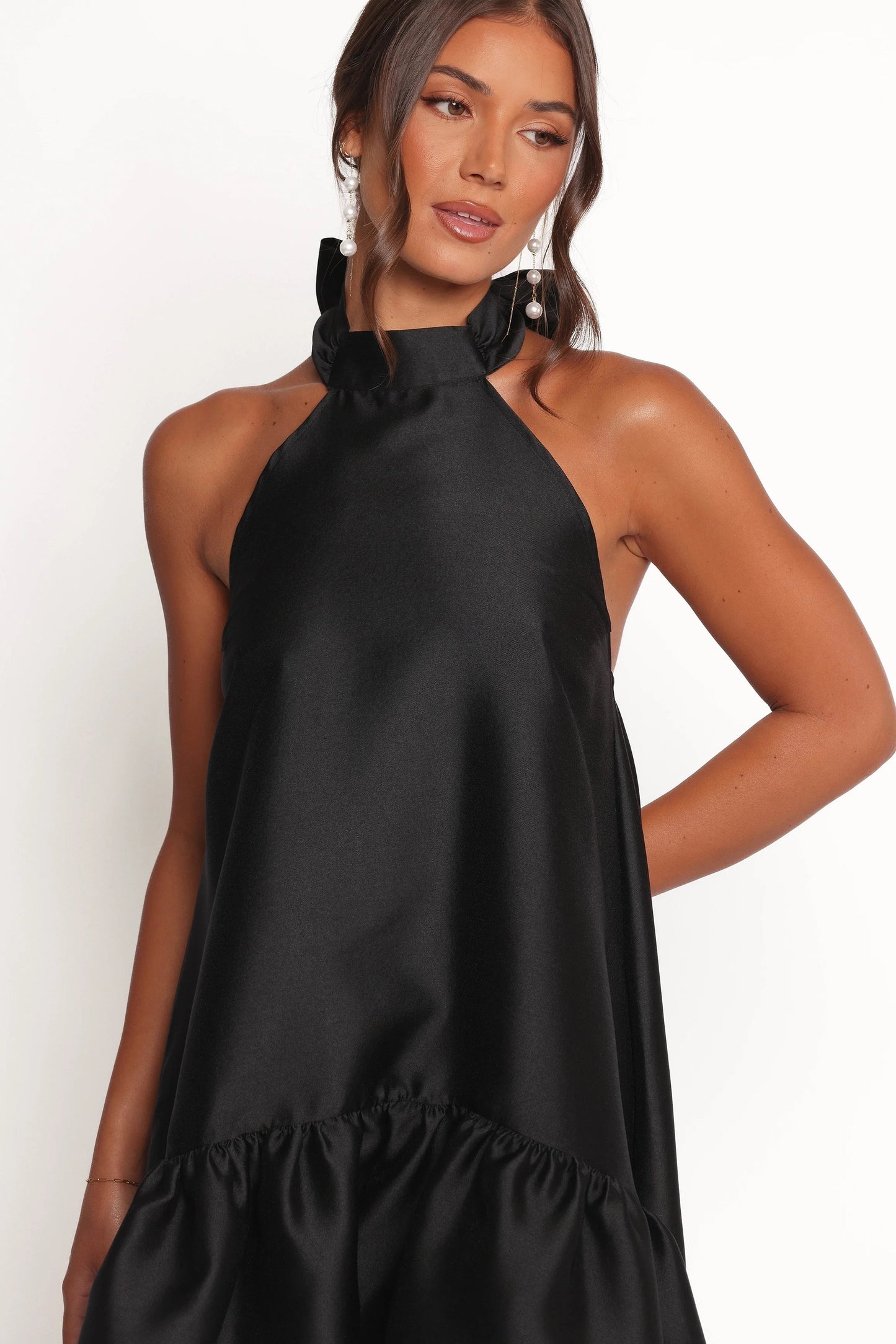 Black Halter-Tie Ruffle Midi Dress