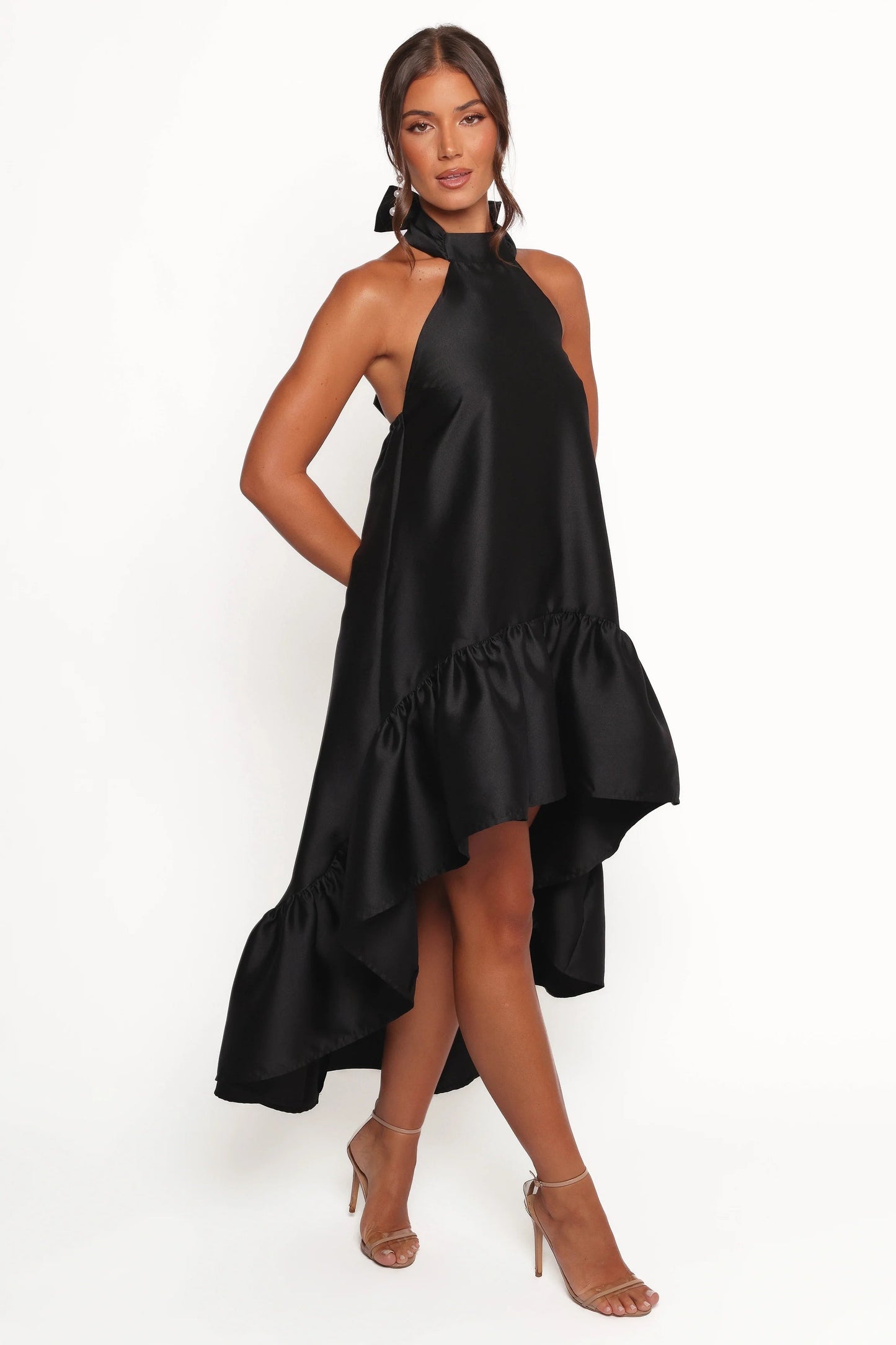 Black Halter-Tie Ruffle Midi Dress