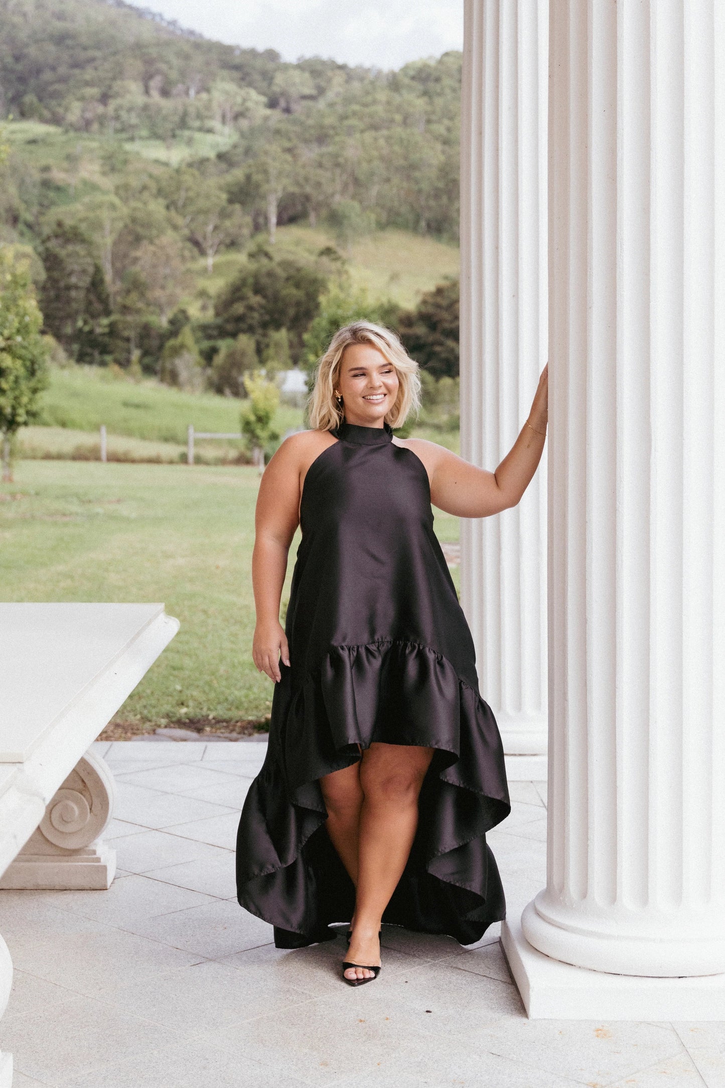 Black Halter-Tie Ruffle Midi Dress