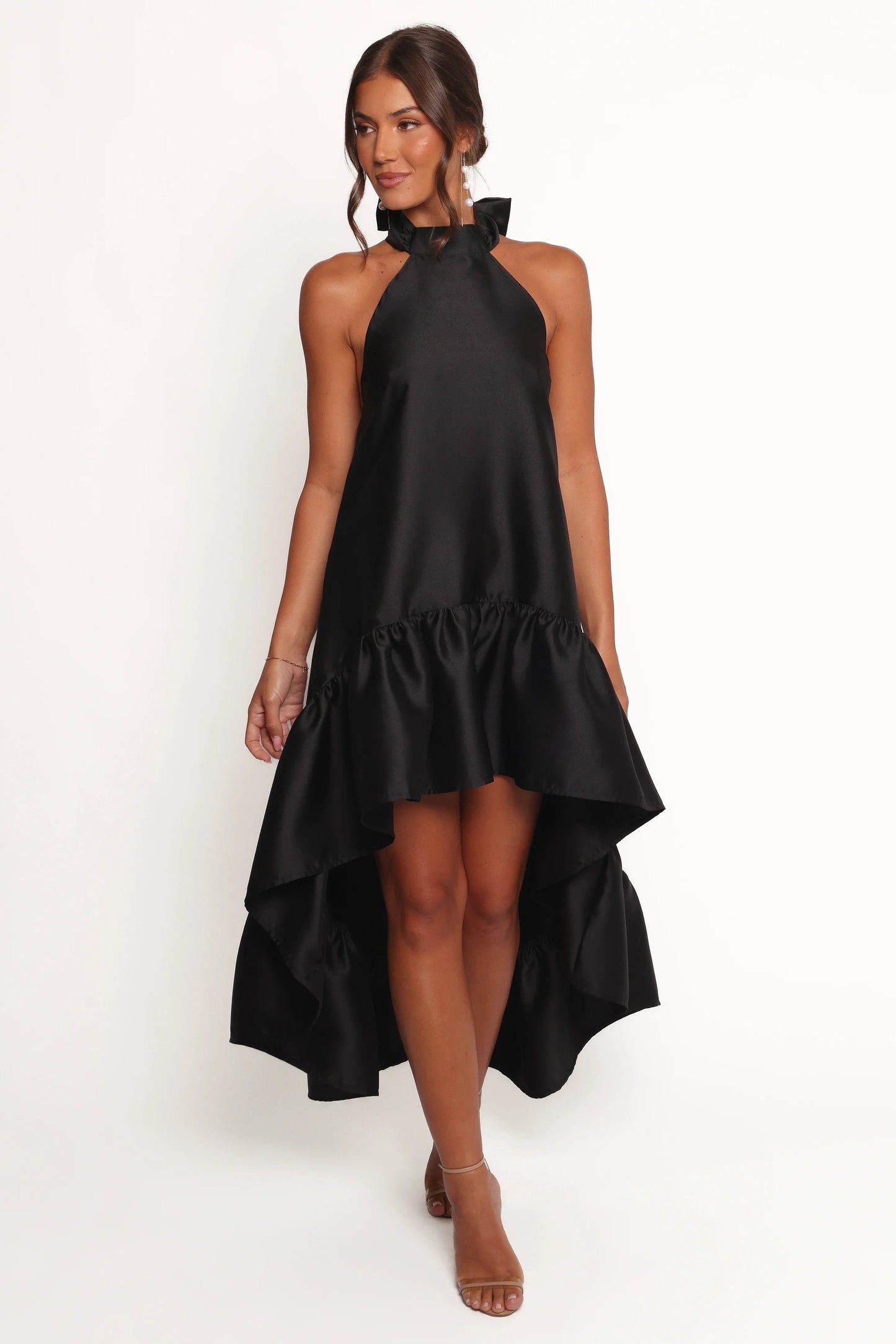 Black Halter-Tie Ruffle Midi Dress