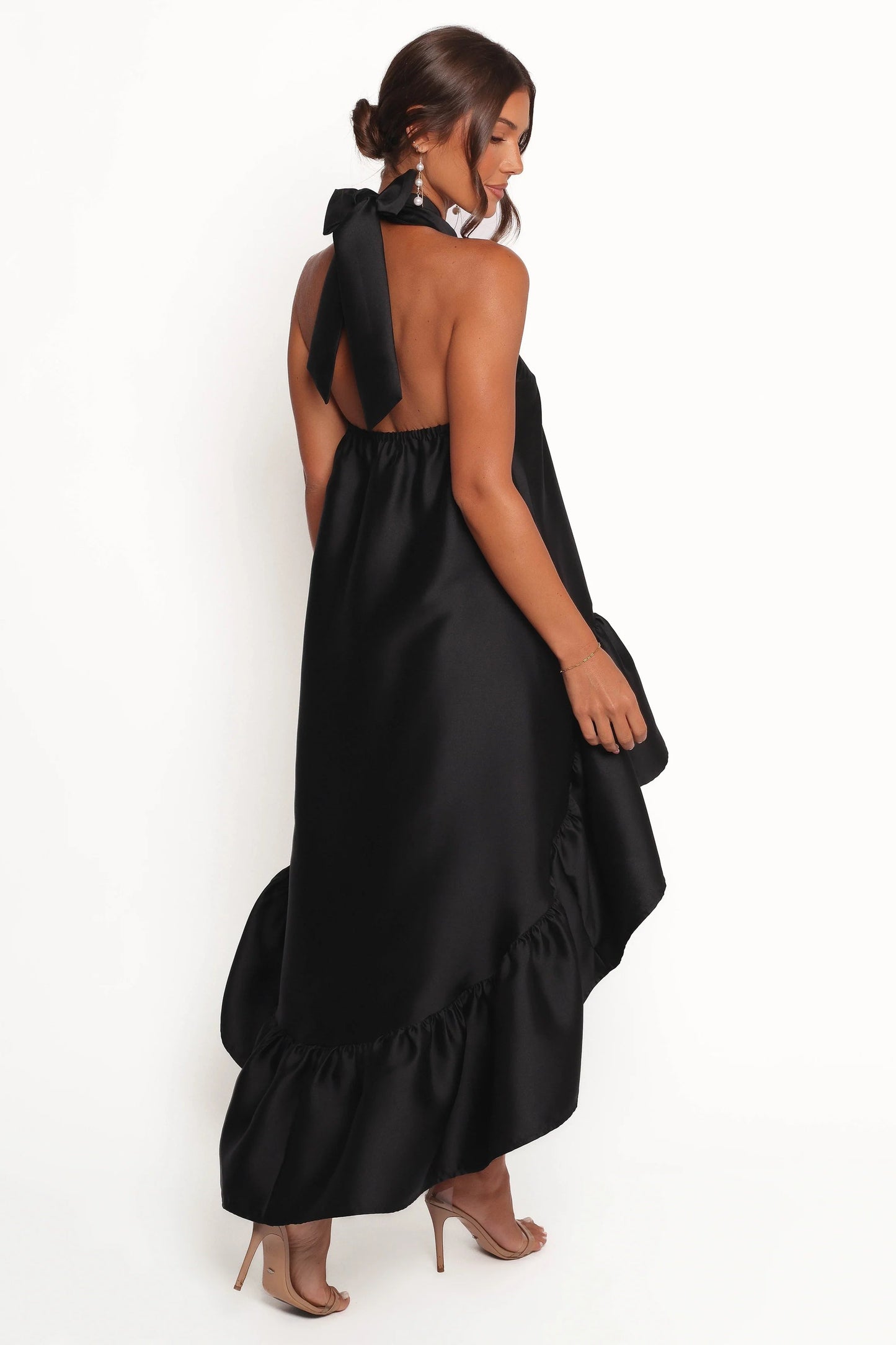 Black Halter-Tie Ruffle Midi Dress