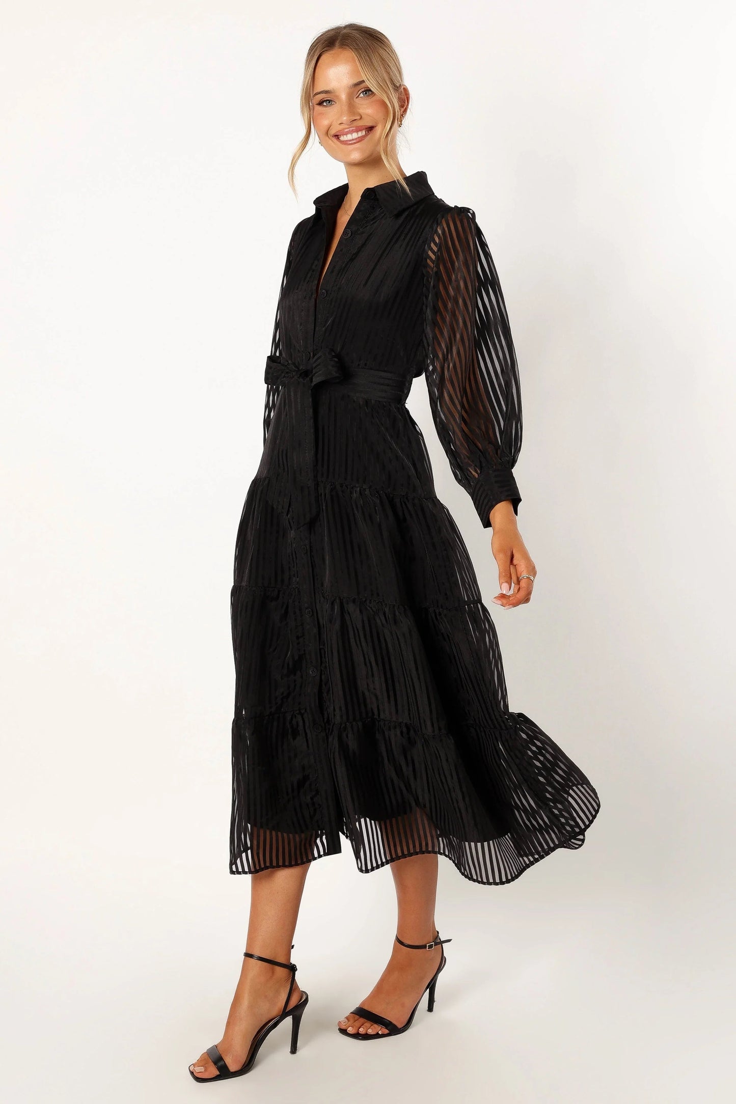 Collared V-Neck Tiered Maxi Dress