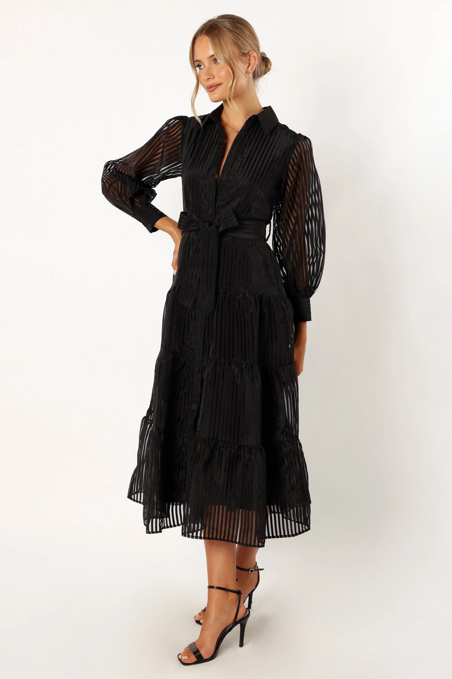 Collared V-Neck Tiered Maxi Dress