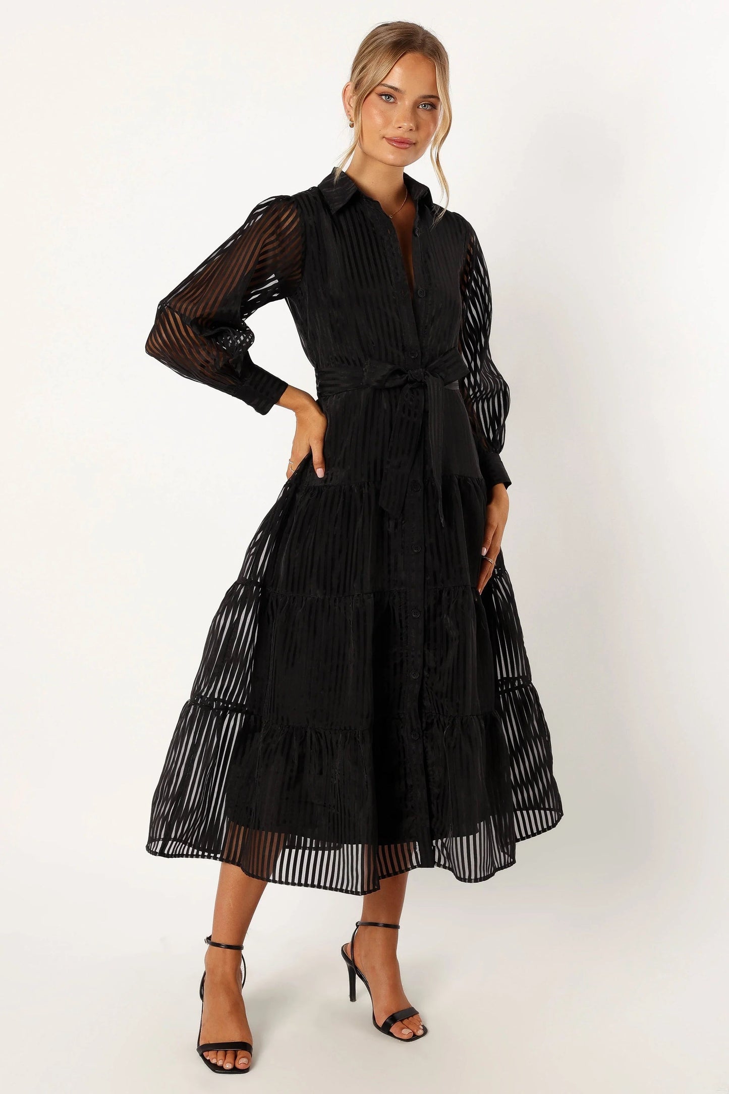 Collared V-Neck Tiered Maxi Dress