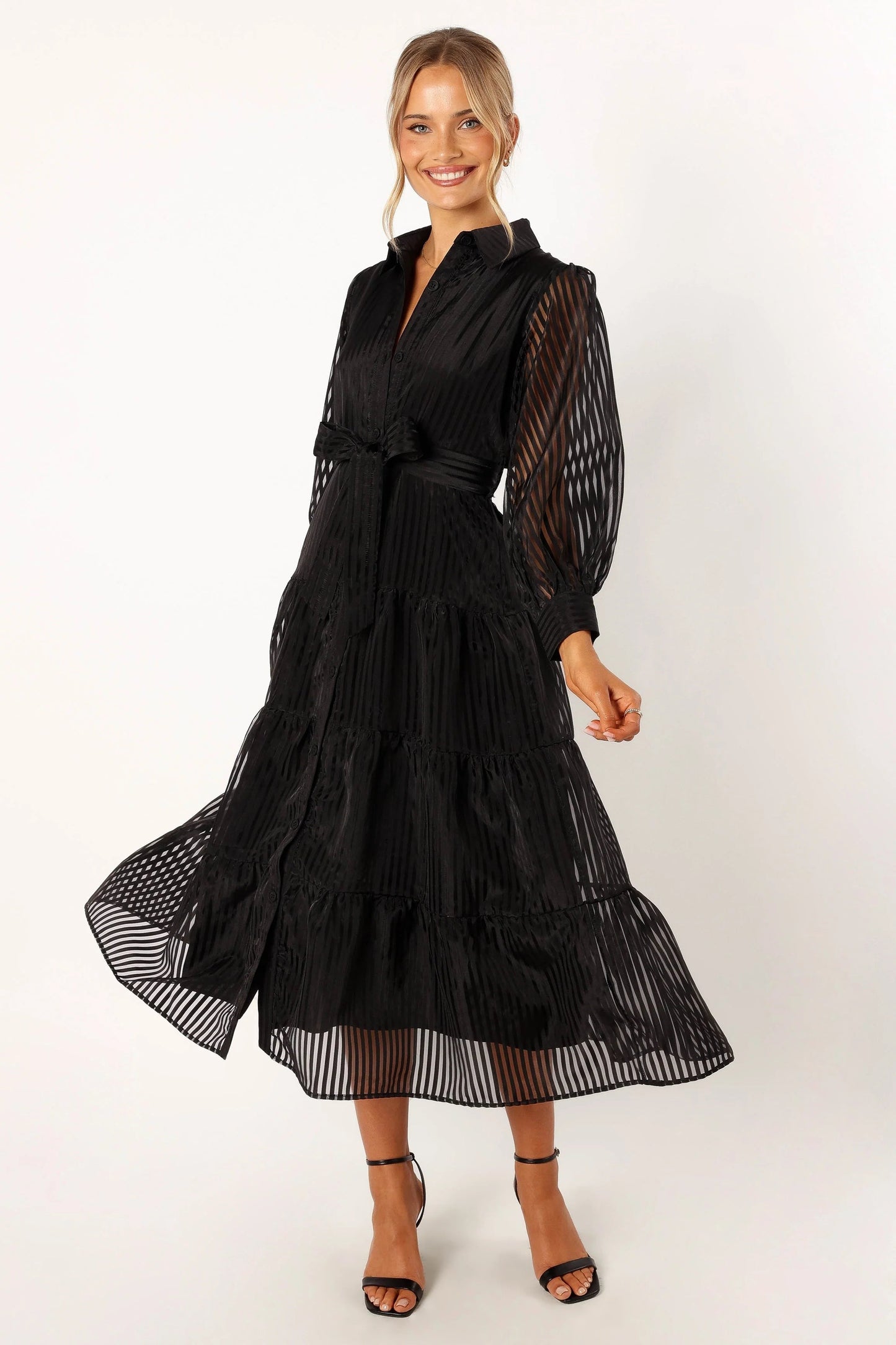 Collared V-Neck Tiered Maxi Dress