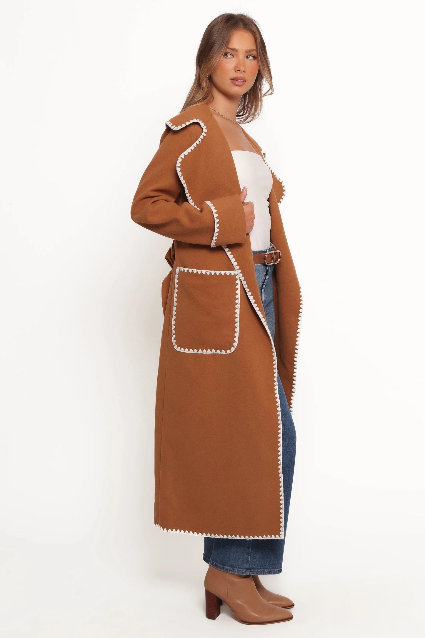 Contrast-Stitch Longline Coat
