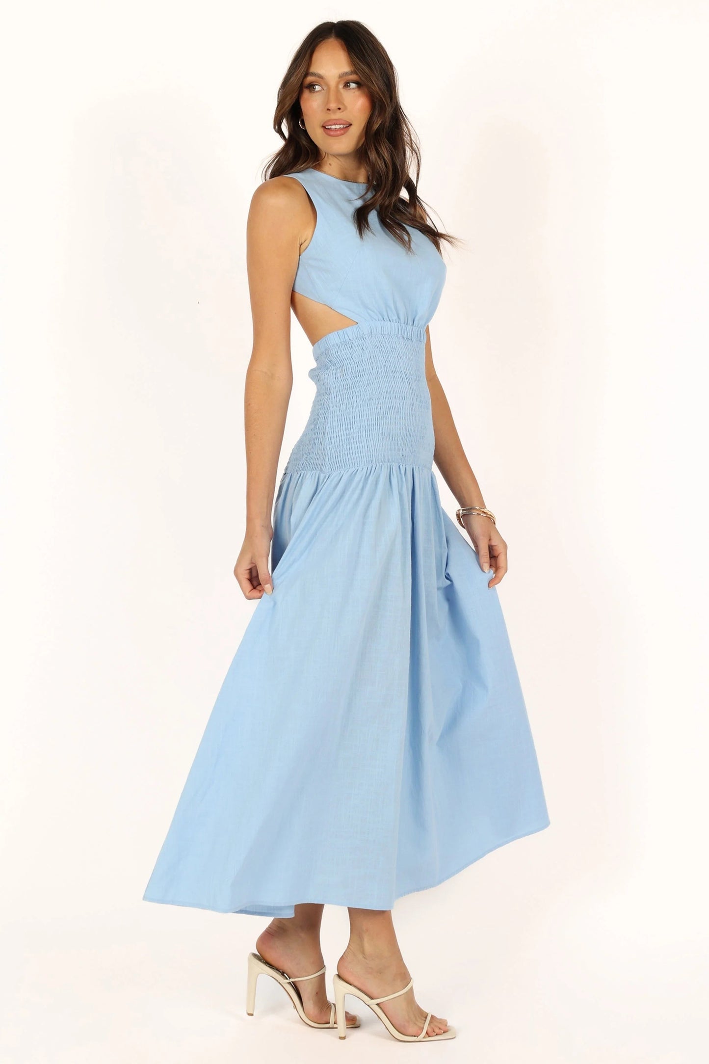 Cutout High-Neck Shirred Cotton Maxi Dress