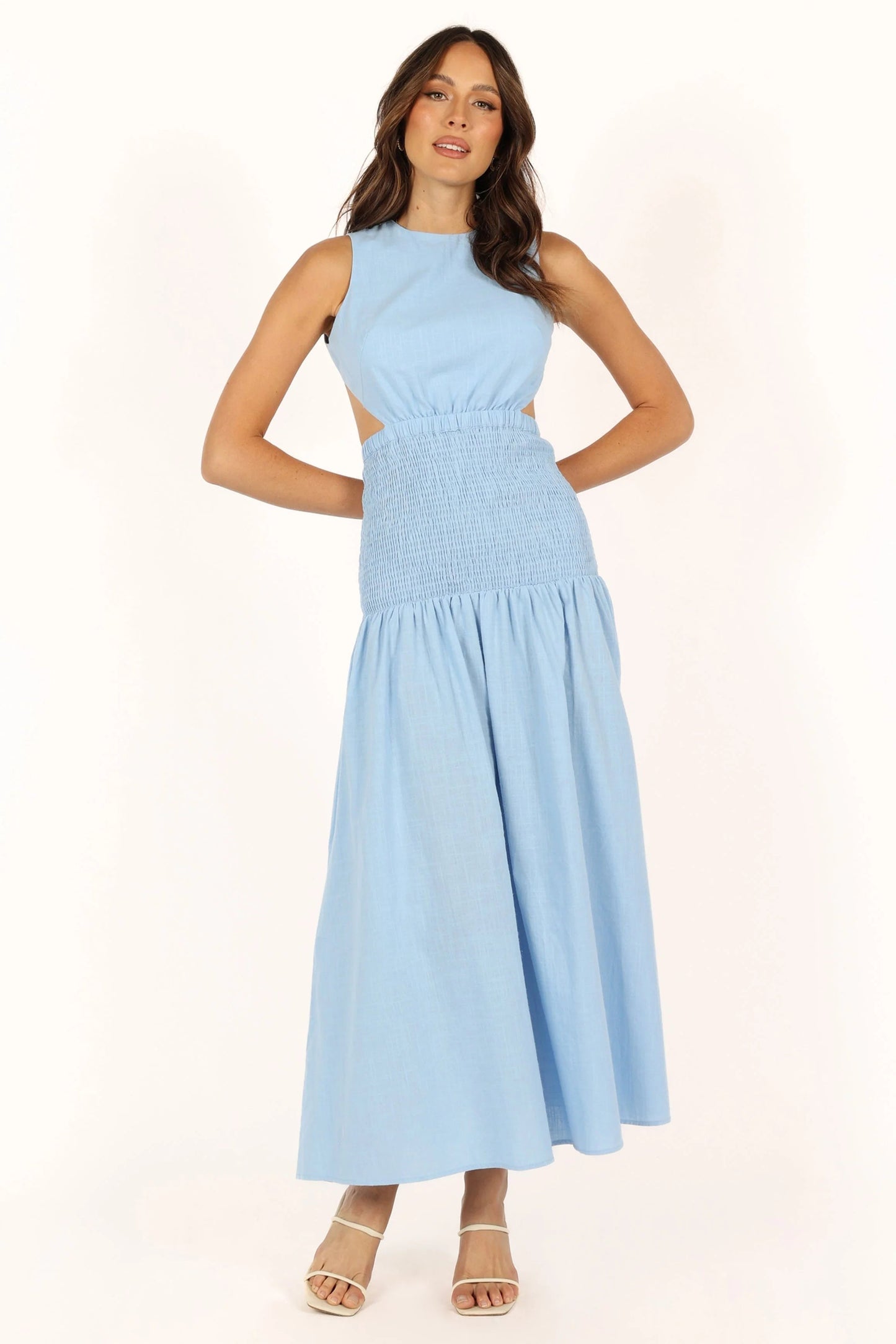 Cutout High-Neck Shirred Cotton Maxi Dress