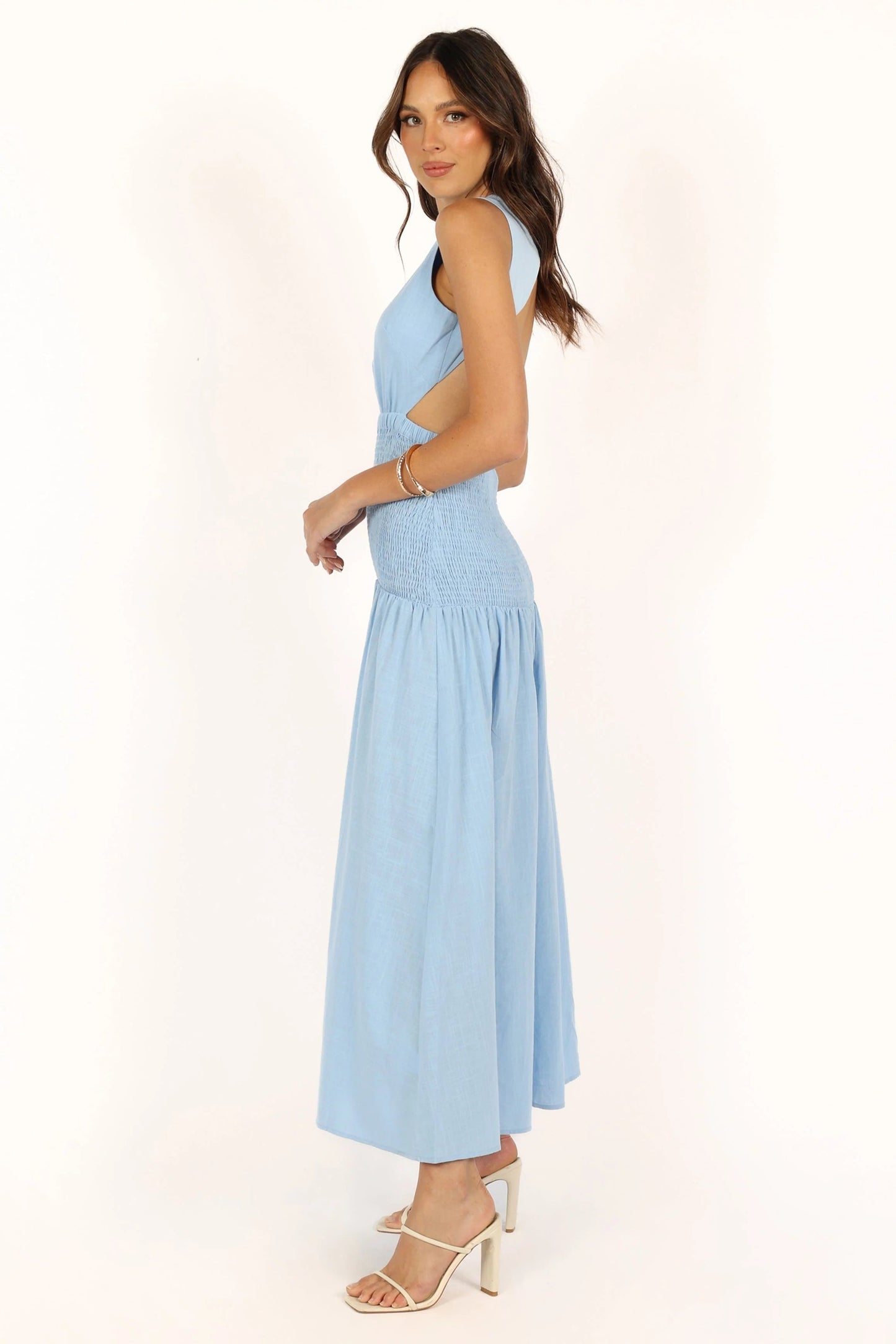 Cutout High-Neck Shirred Cotton Maxi Dress
