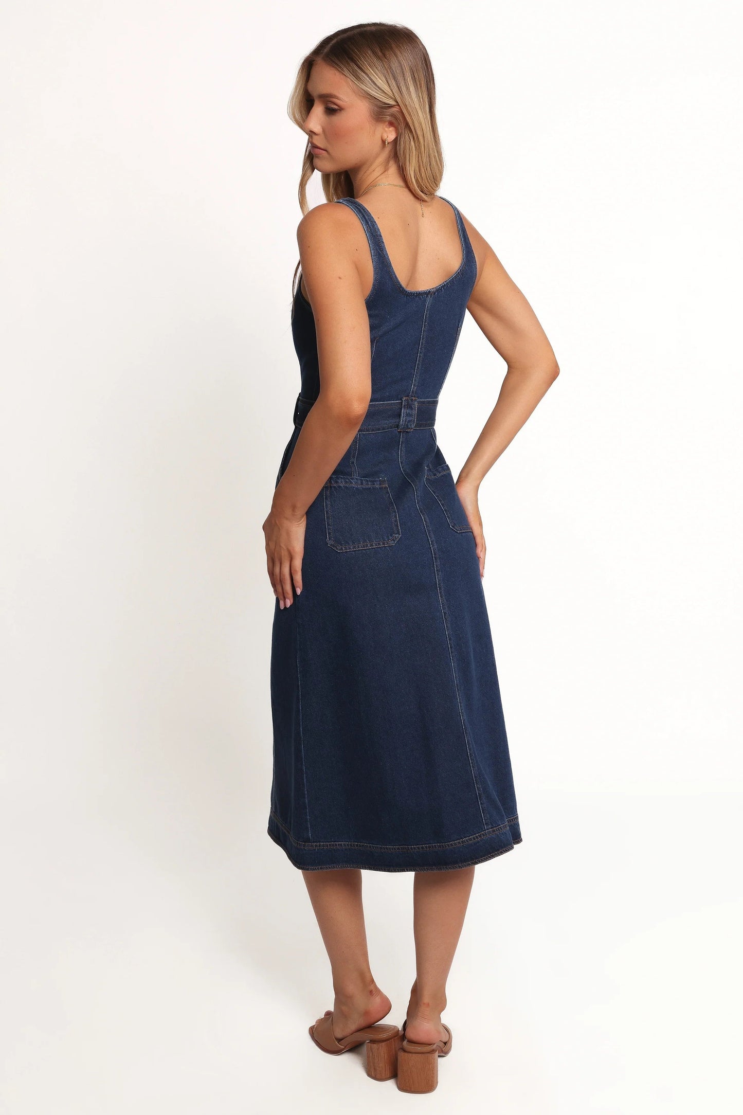 Denim Belted Zip-Front Midi Dress