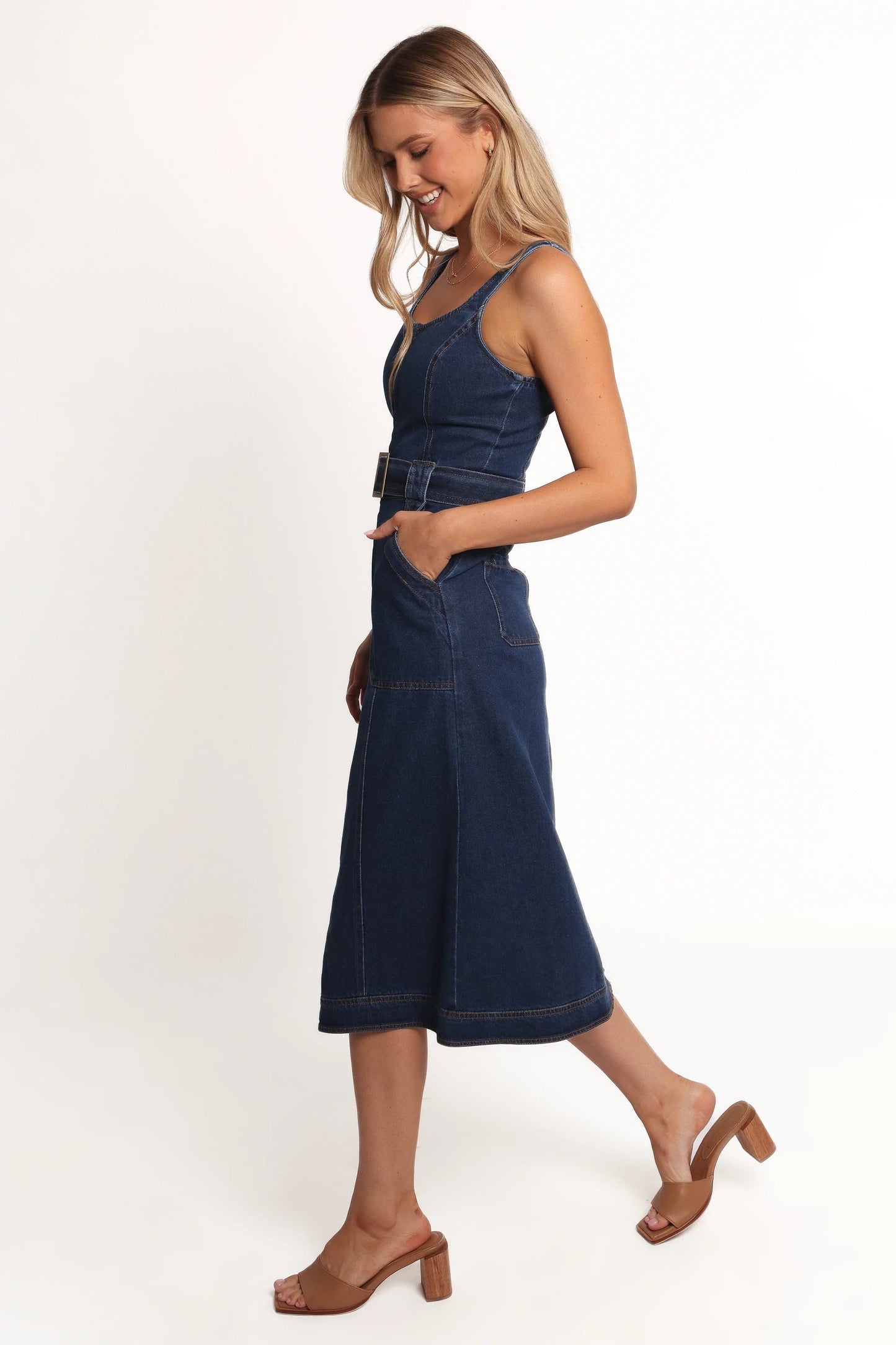 Denim Belted Zip-Front Midi Dress