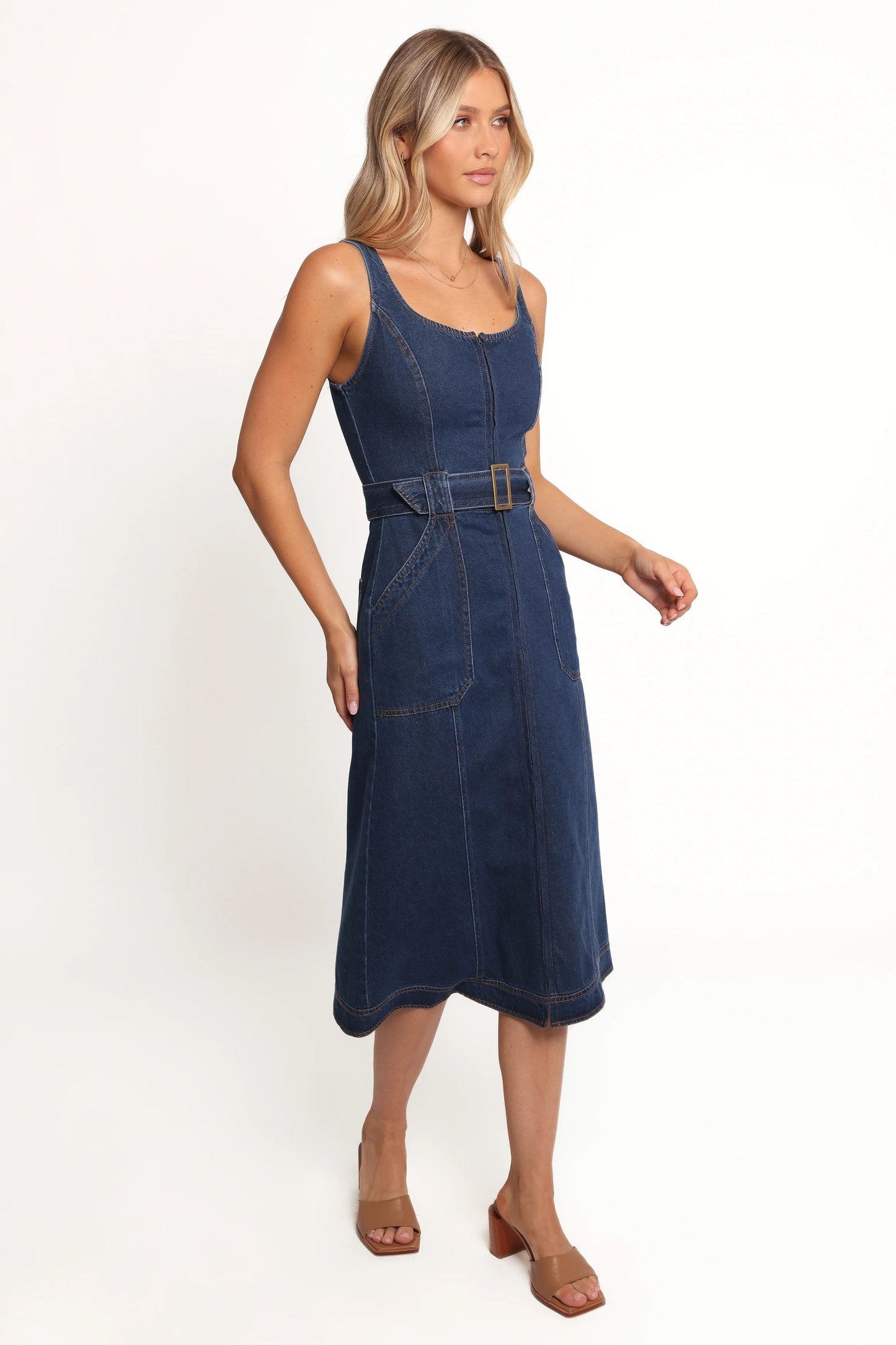 Denim Belted Zip-Front Midi Dress