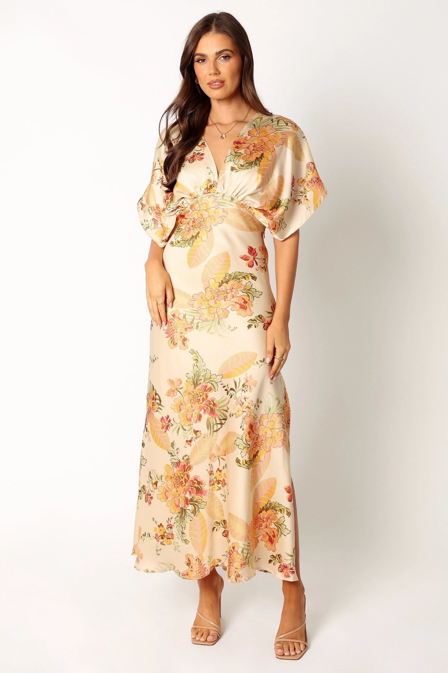 Gathered Bust Satin-Feel Maxi