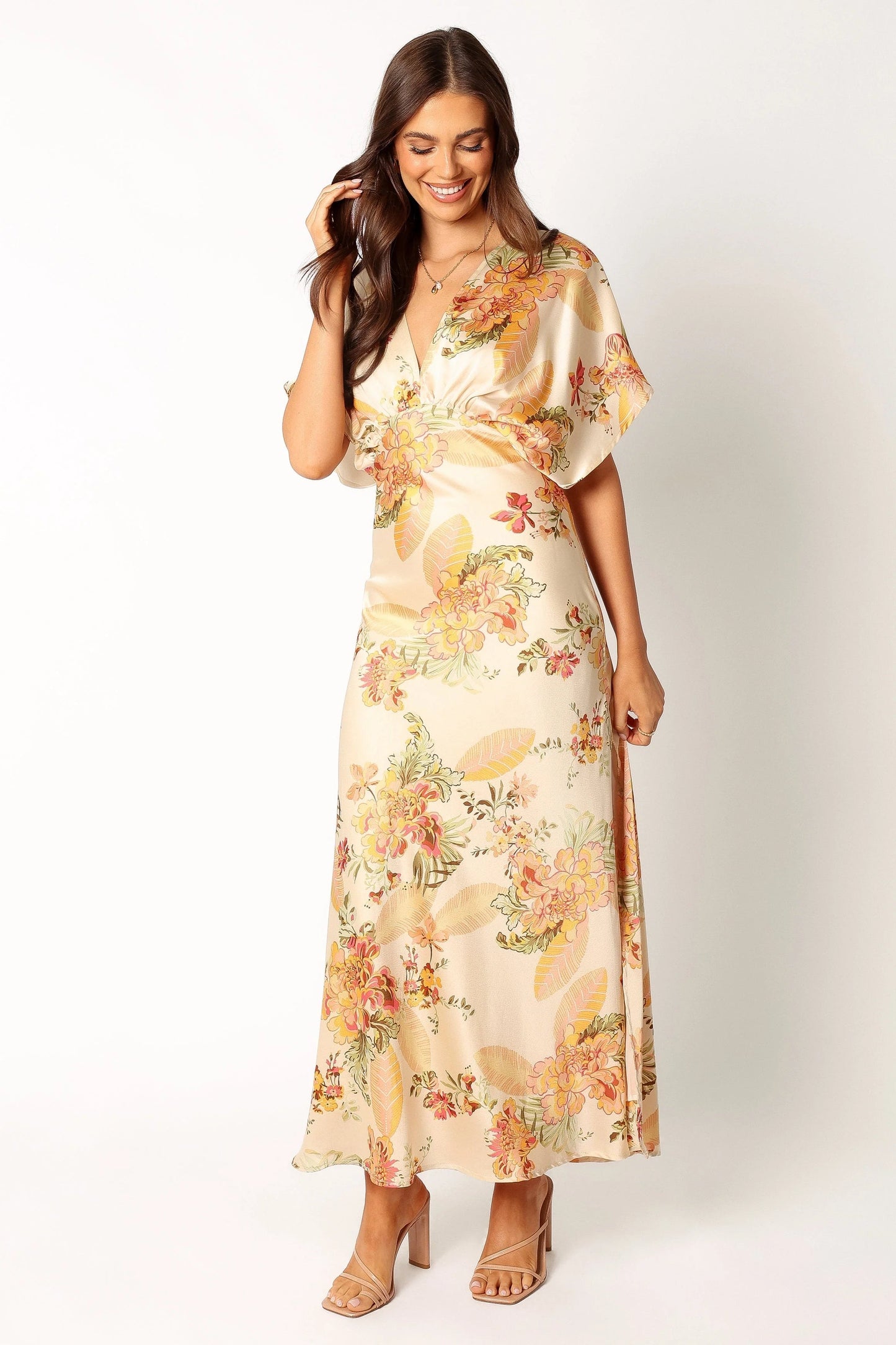 Gathered Bust Satin-Feel Maxi