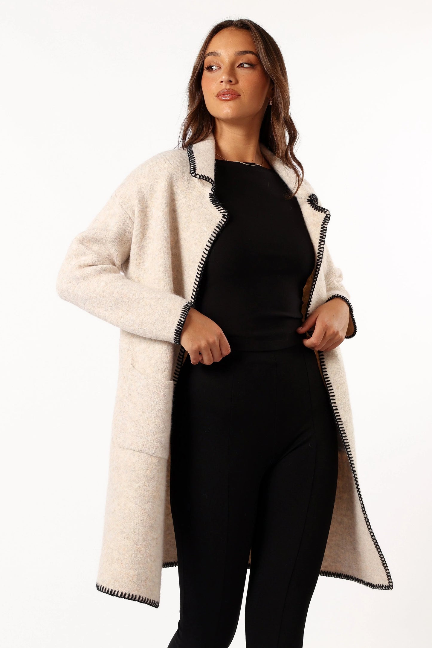 Open-Front Contrast-Stitch Knit Cardigan