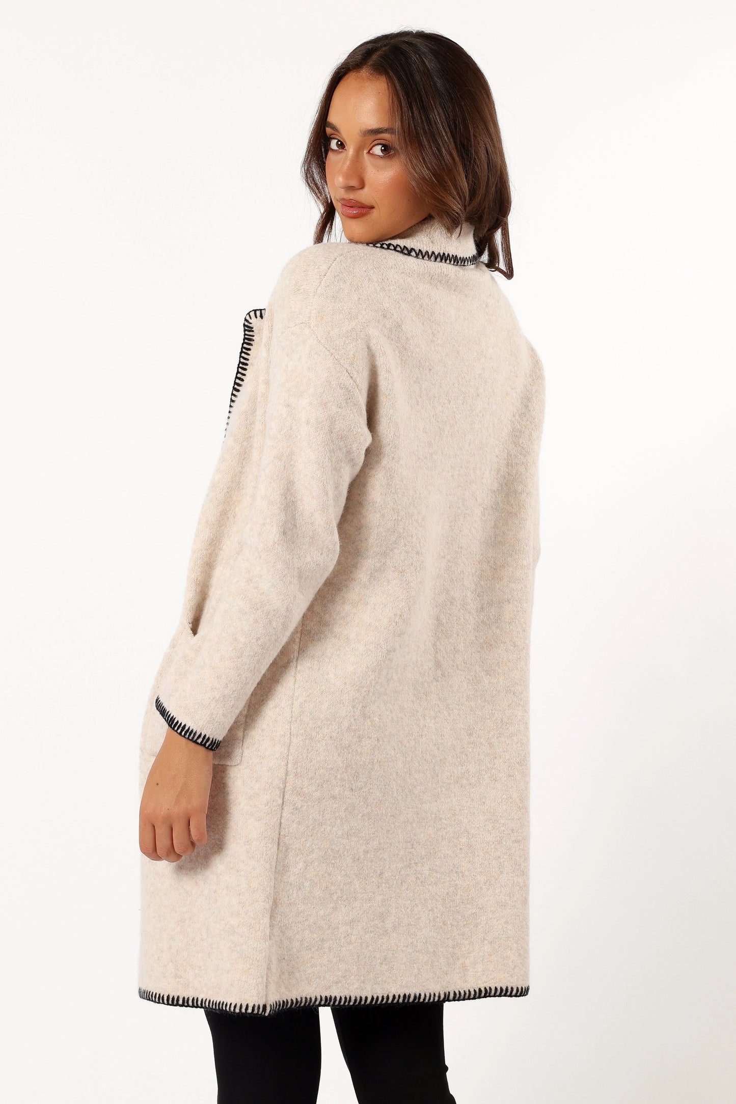 Open-Front Contrast-Stitch Knit Cardigan