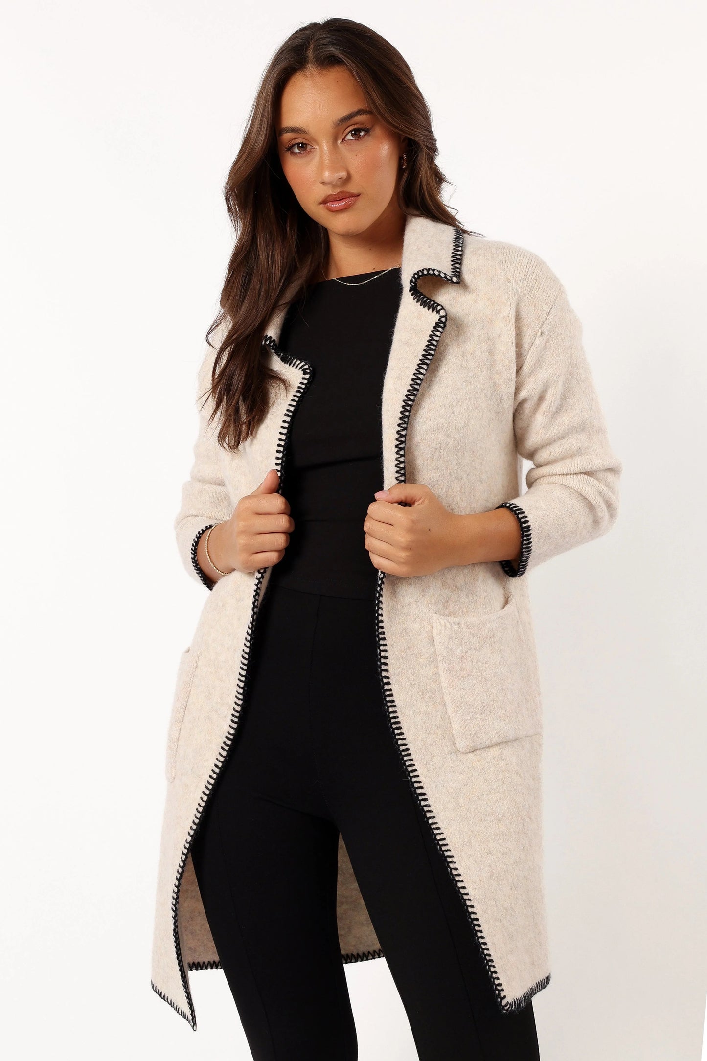 Open-Front Contrast-Stitch Knit Cardigan