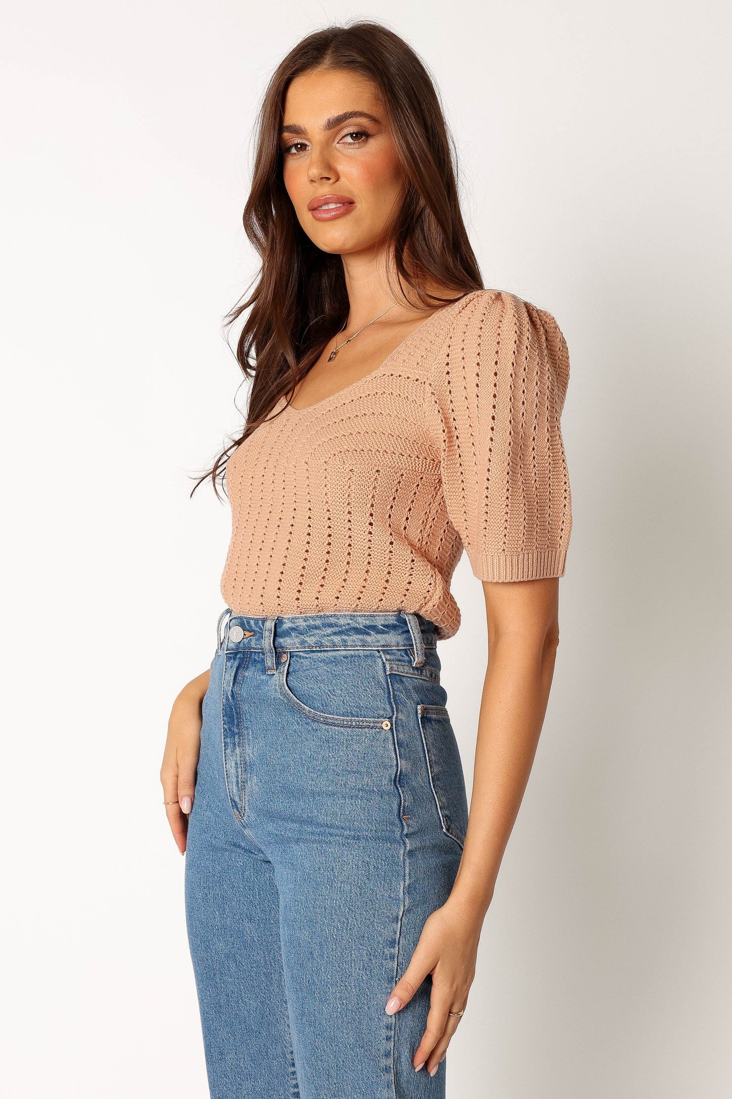 Puff-Sleeve Sweetheart Knit Top