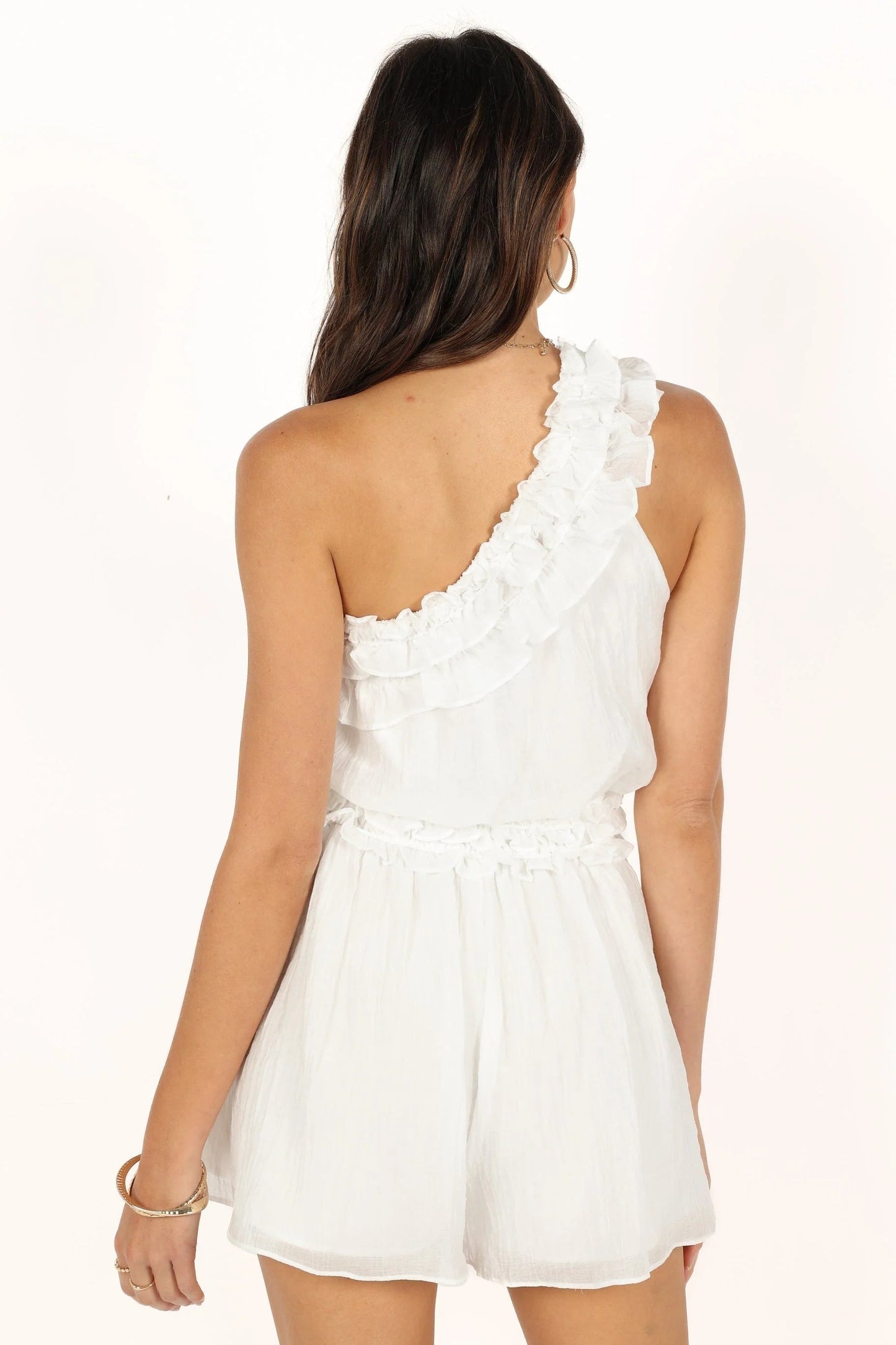 Ruffle One-Shoulder Romper with Pockets