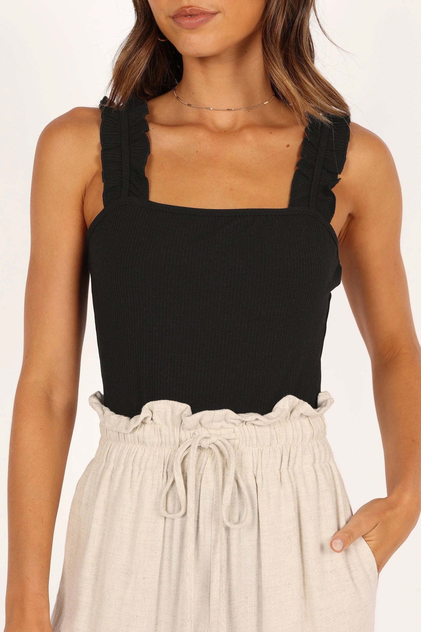 Ruffle-Shoulder Square-Neck Bodysuit