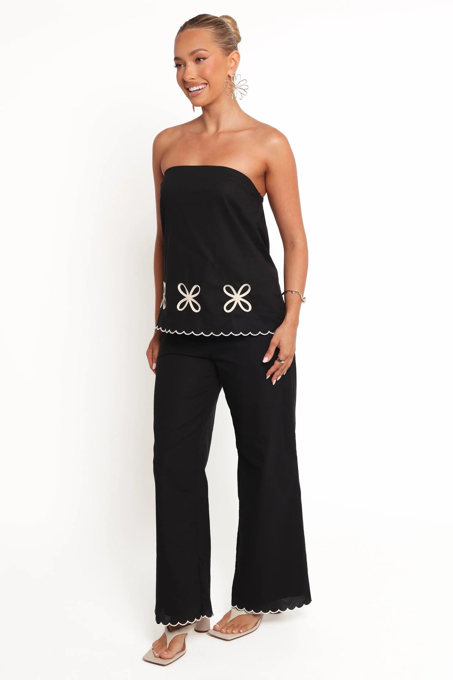 Scallop-Trim High-Waist Straight-Leg Pant