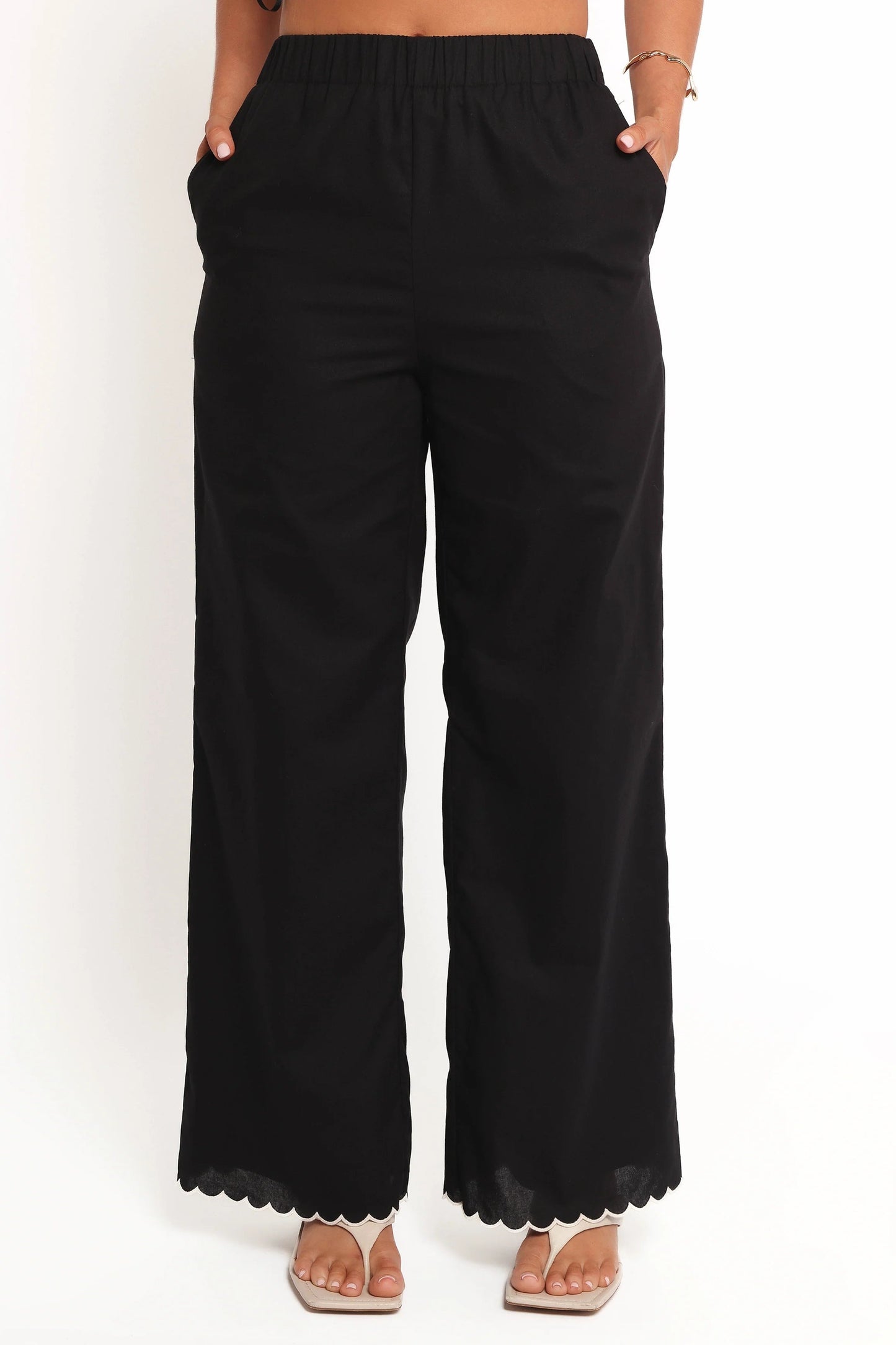 Scallop-Trim High-Waist Straight-Leg Pant