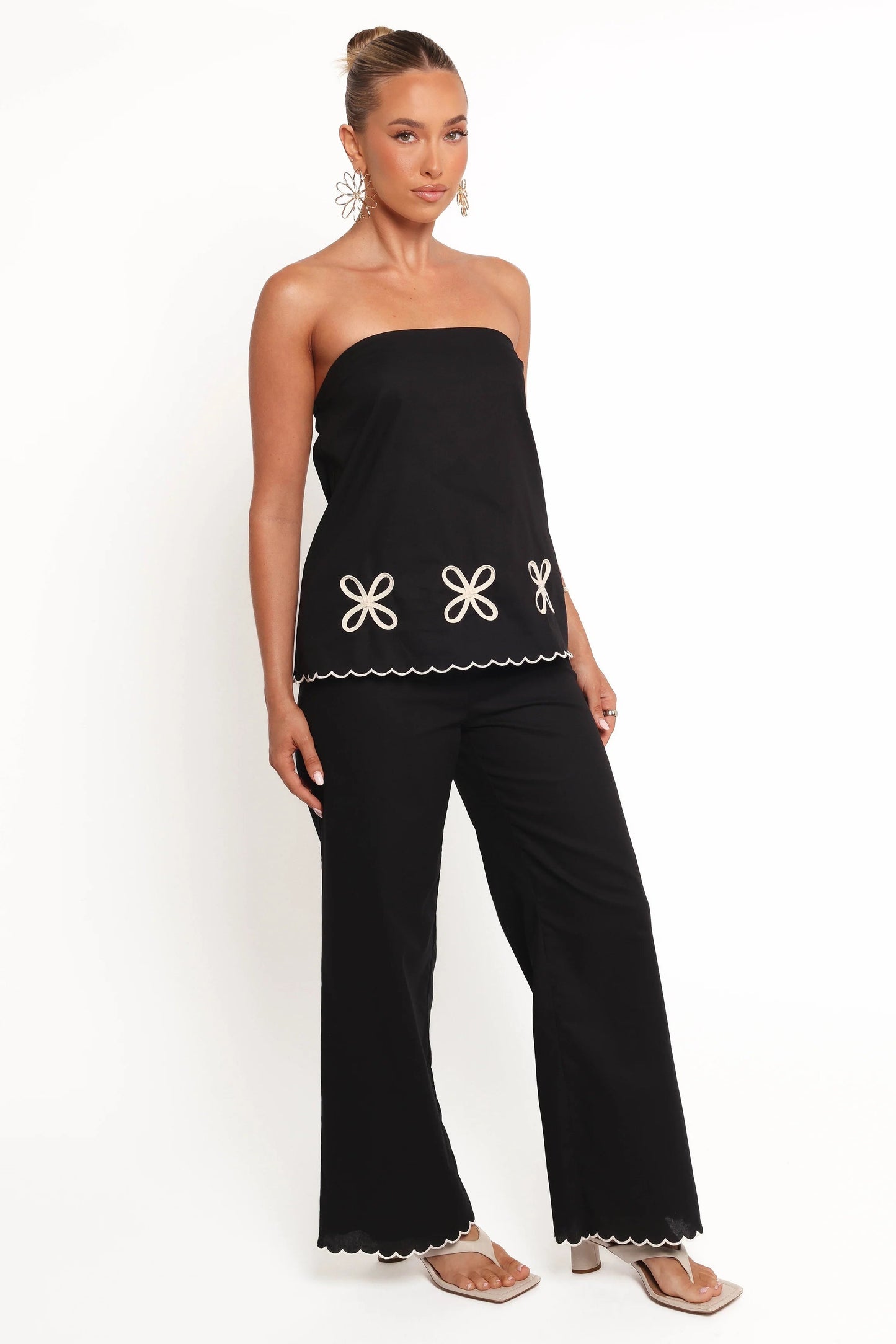 Scallop-Trim High-Waist Straight-Leg Pant