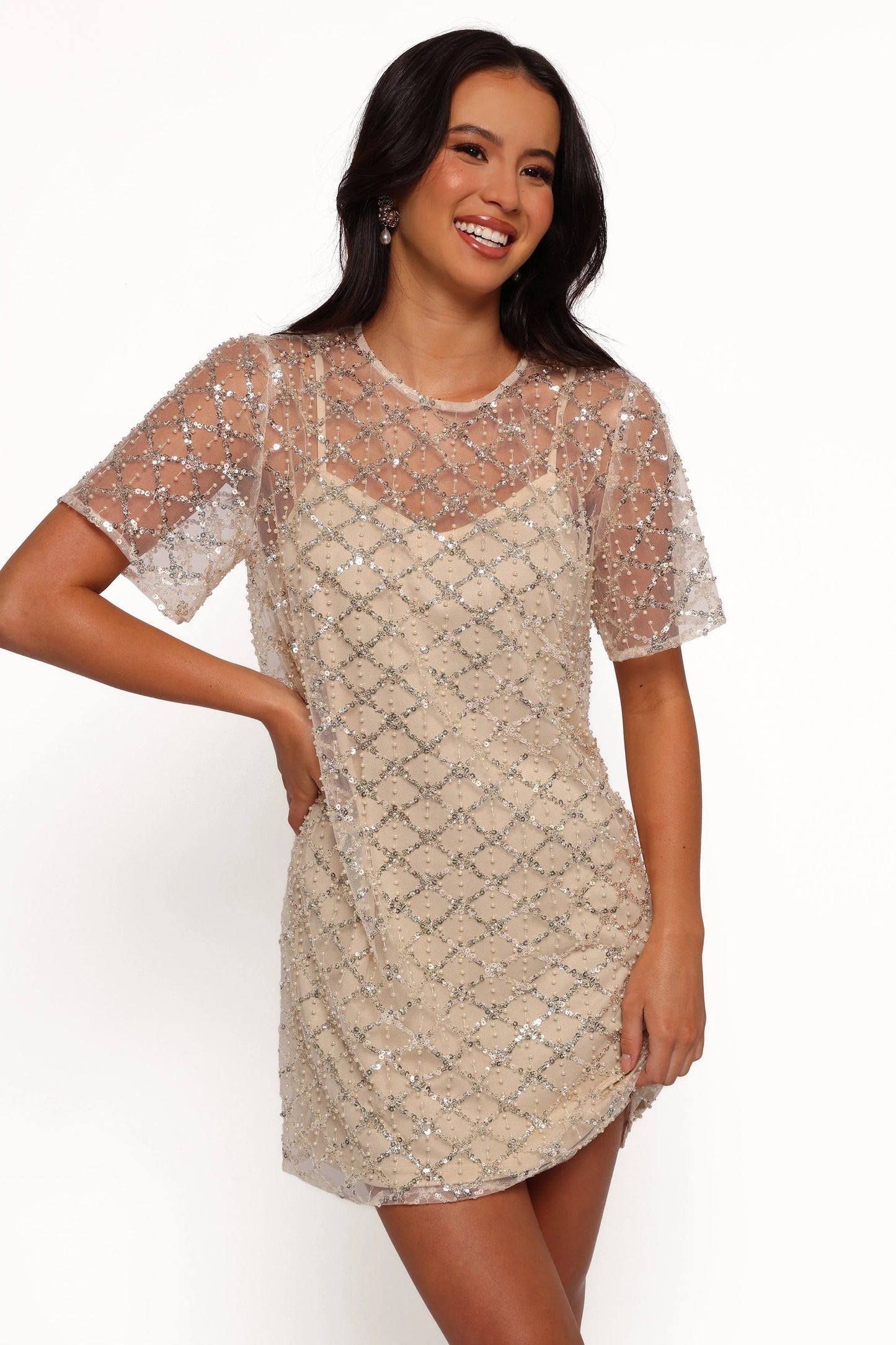 Sequin-Beaded High-Round Mini Dress