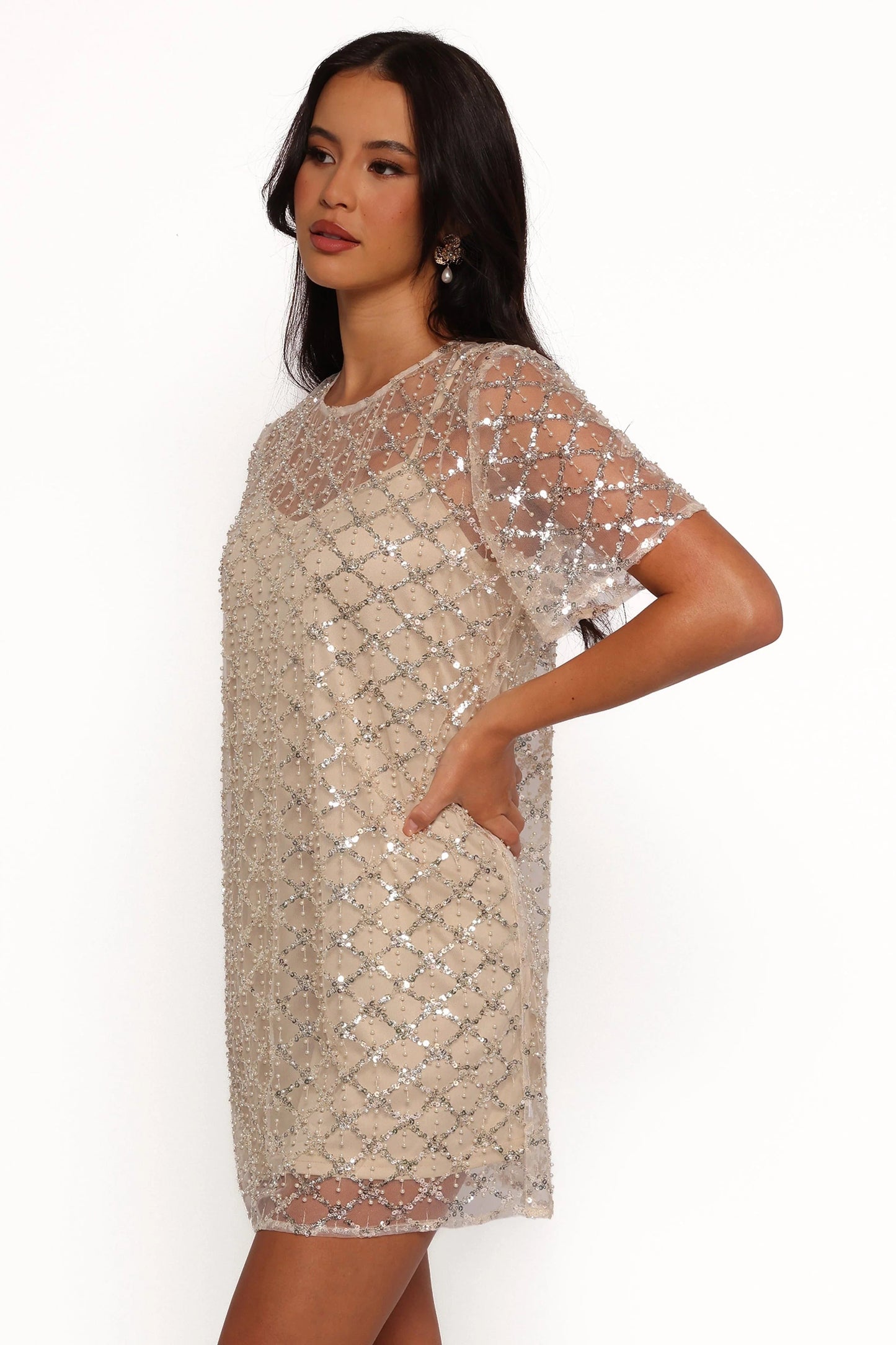 Sequin-Beaded High-Round Mini Dress