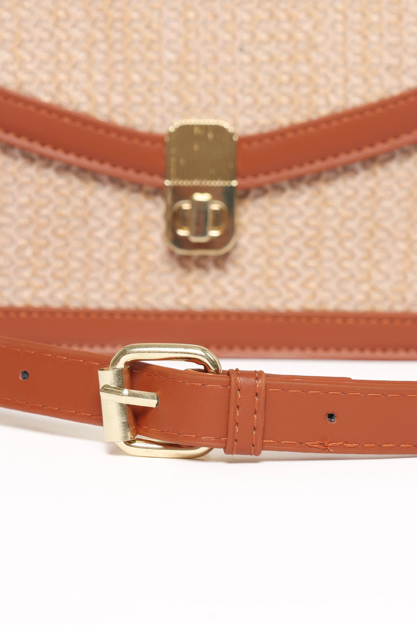Tan Rattan & Faux Leather Shoulder Bag