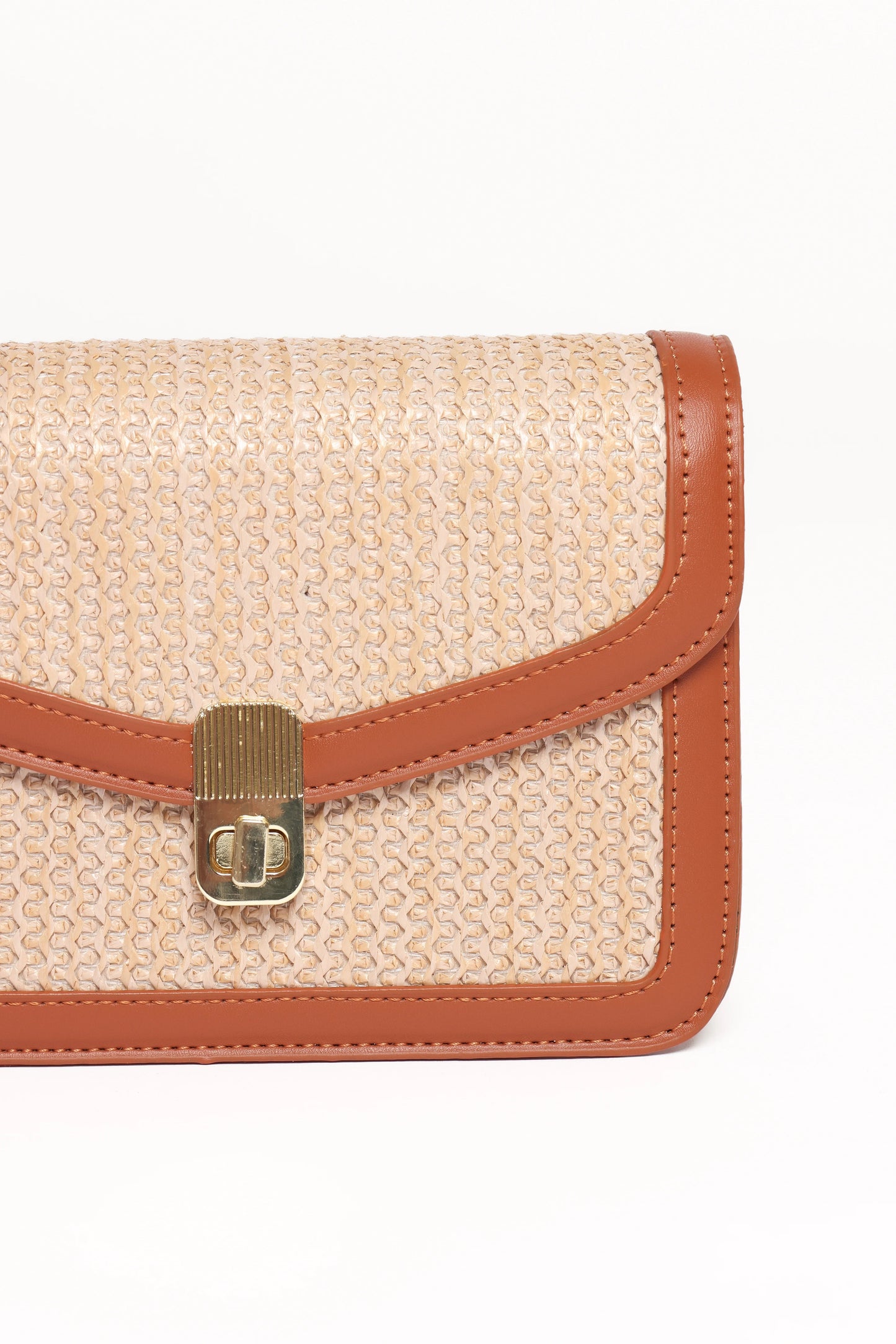 Tan Rattan & Faux Leather Shoulder Bag