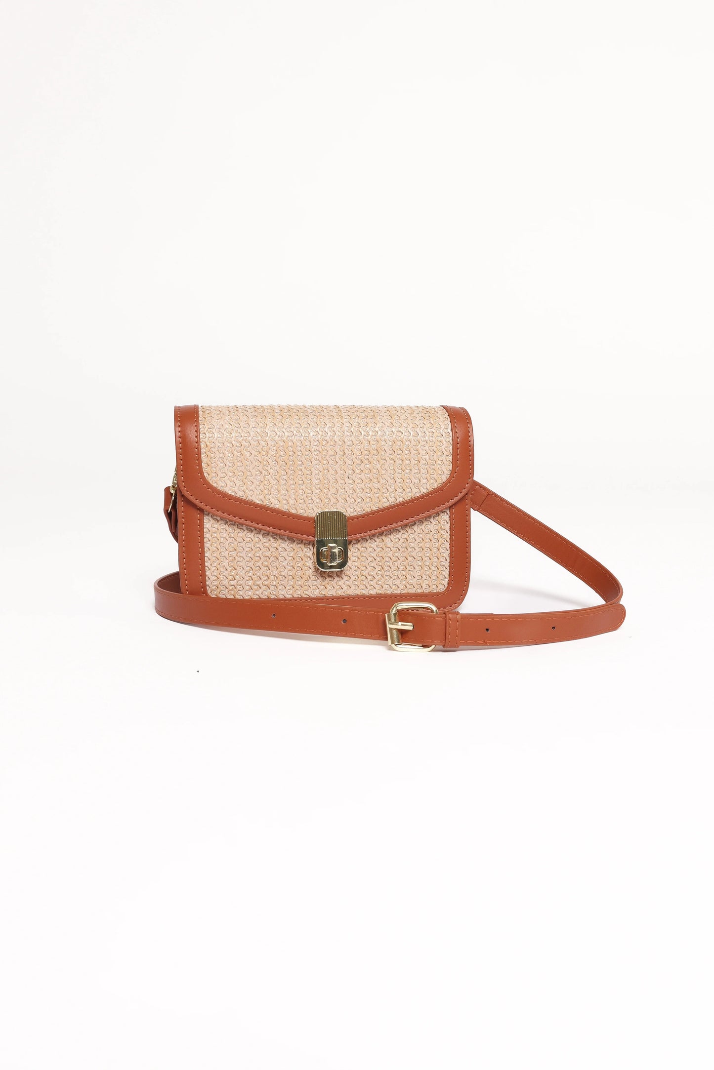 Tan Rattan & Faux Leather Shoulder Bag
