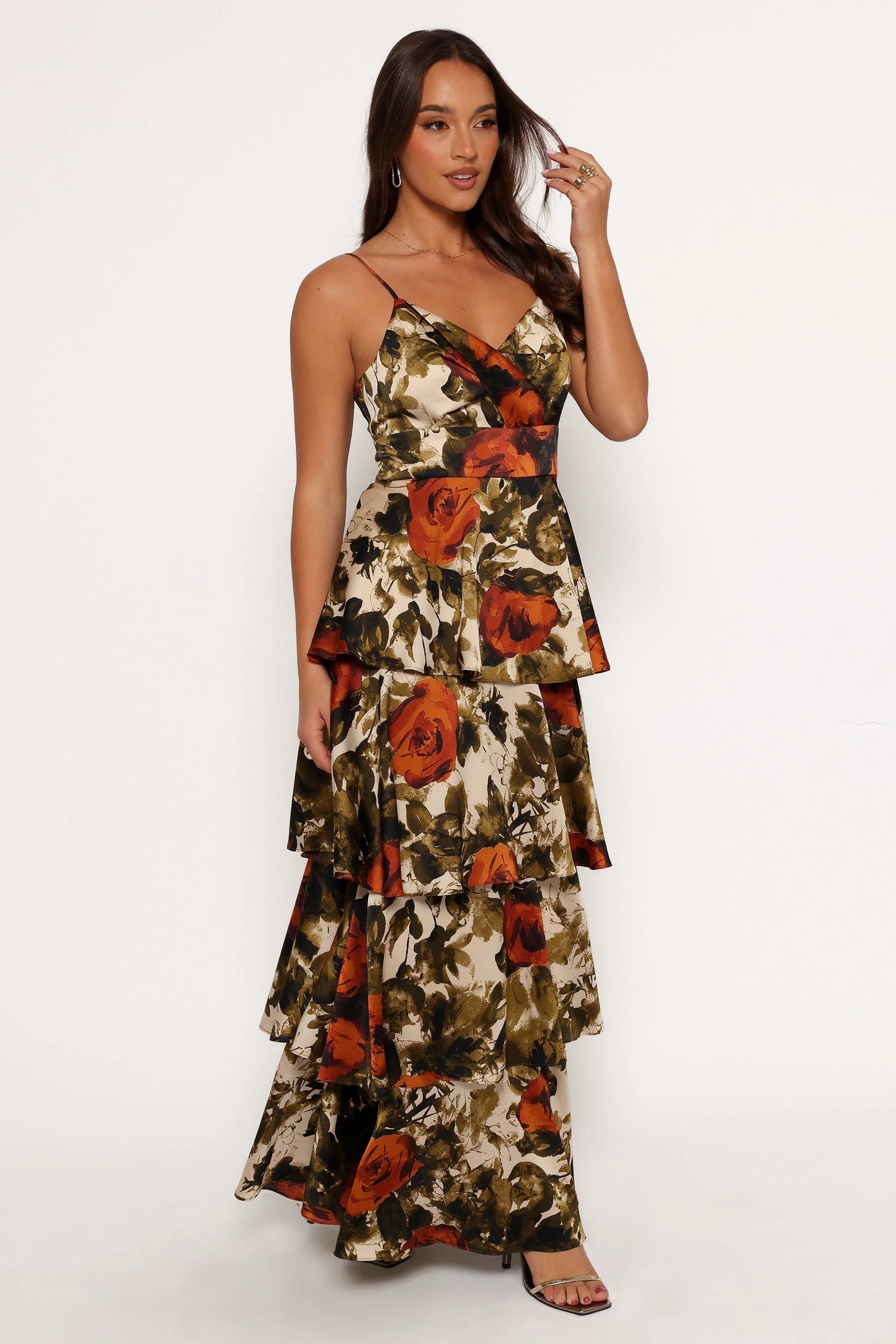 Tiered Satin Floral Maxi Dress