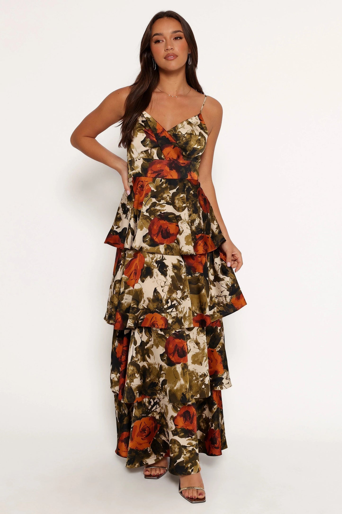 Tiered Satin Floral Maxi Dress