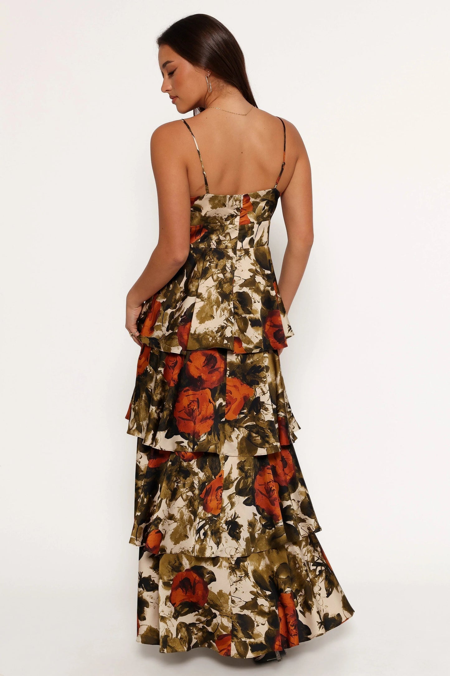 Tiered Satin Floral Maxi Dress