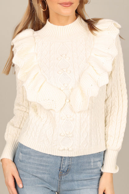 Annette Cable-Knit Frill-Front Mock-Neck Sweater