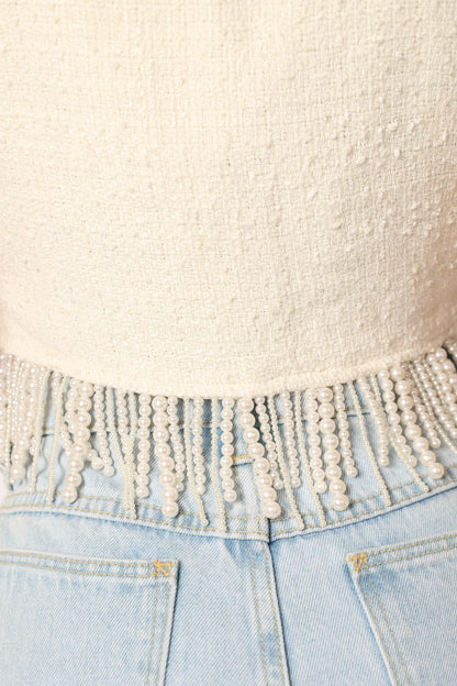 Bead-Fringe Tweed Crop Top