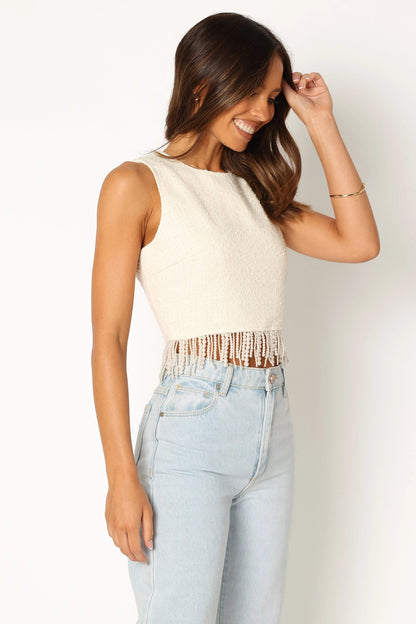 Bead-Fringe Tweed Crop Top