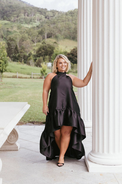 Black Halter-Tie Ruffle Midi Dress