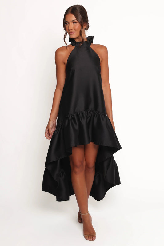 Black Halter-Tie Ruffle Midi Dress