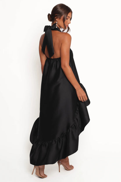 Black Halter-Tie Ruffle Midi Dress