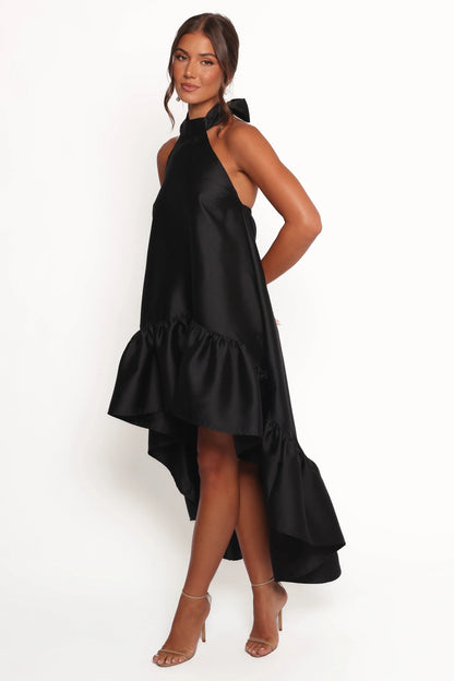 Black Halter-Tie Ruffle Midi Dress