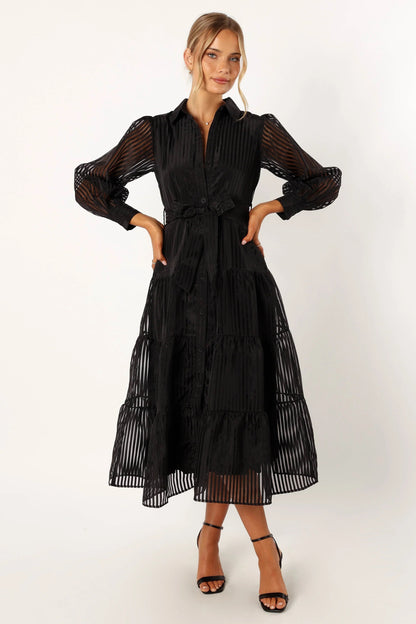 Collared V-Neck Tiered Maxi Dress