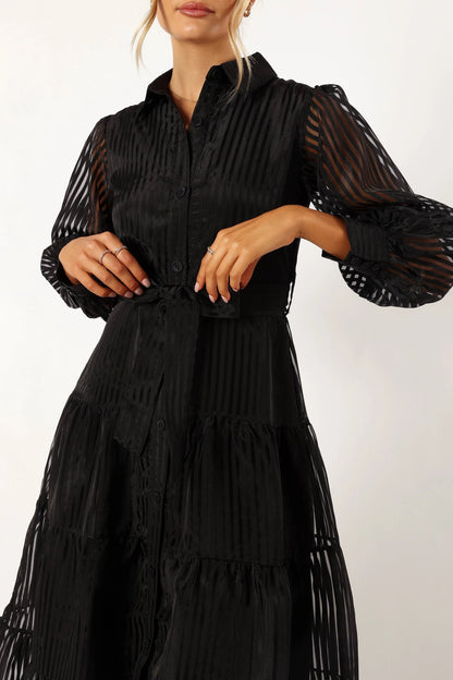 Collared V-Neck Tiered Maxi Dress