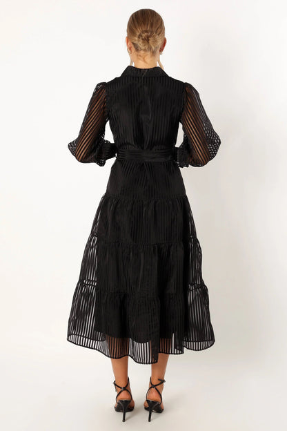 Collared V-Neck Tiered Maxi Dress