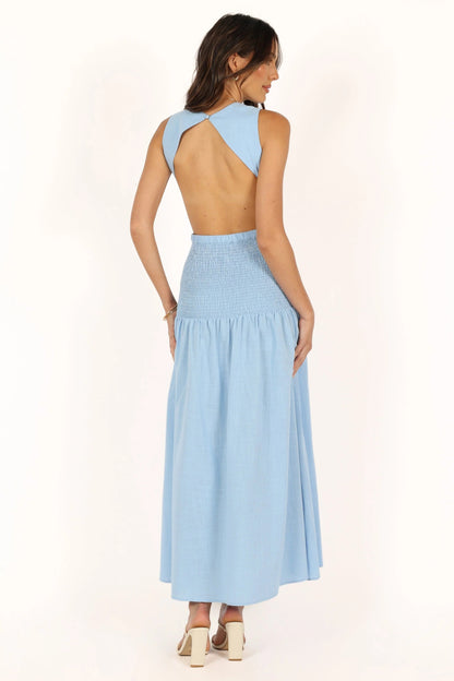 Cutout High-Neck Shirred Cotton Maxi Dress