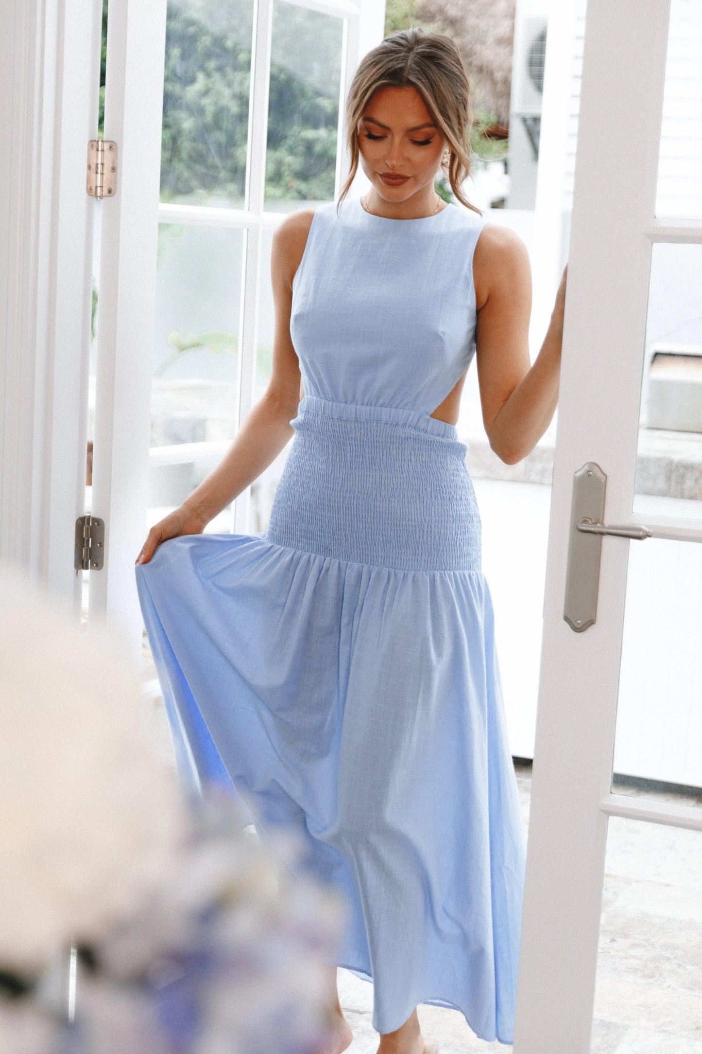 Cutout High-Neck Shirred Cotton Maxi Dress