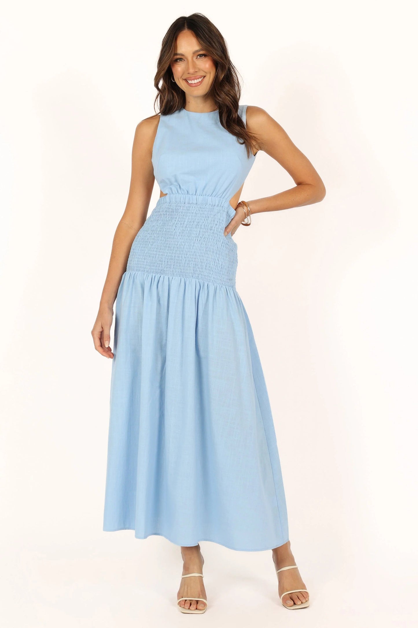 Cutout High-Neck Shirred Cotton Maxi Dress